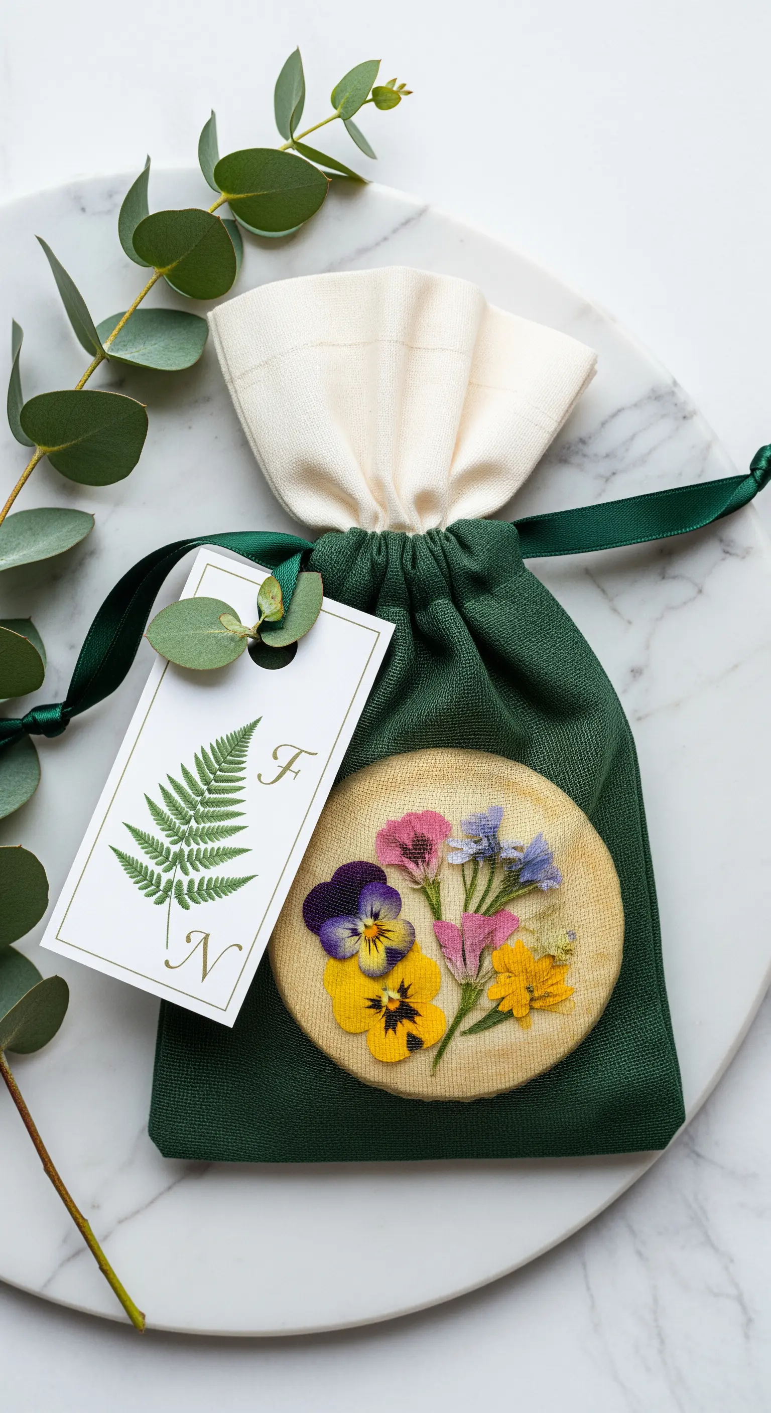 Sacchetto verde scuro con un biscotto decorato con fiori pressati e un'etichetta a tema botanico.