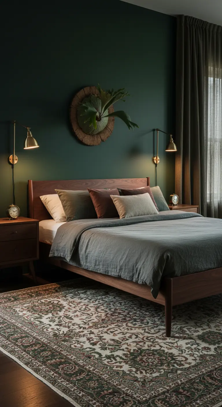 Parete verde scuro con una felce montata, letto in legno e lampade in ottone.
