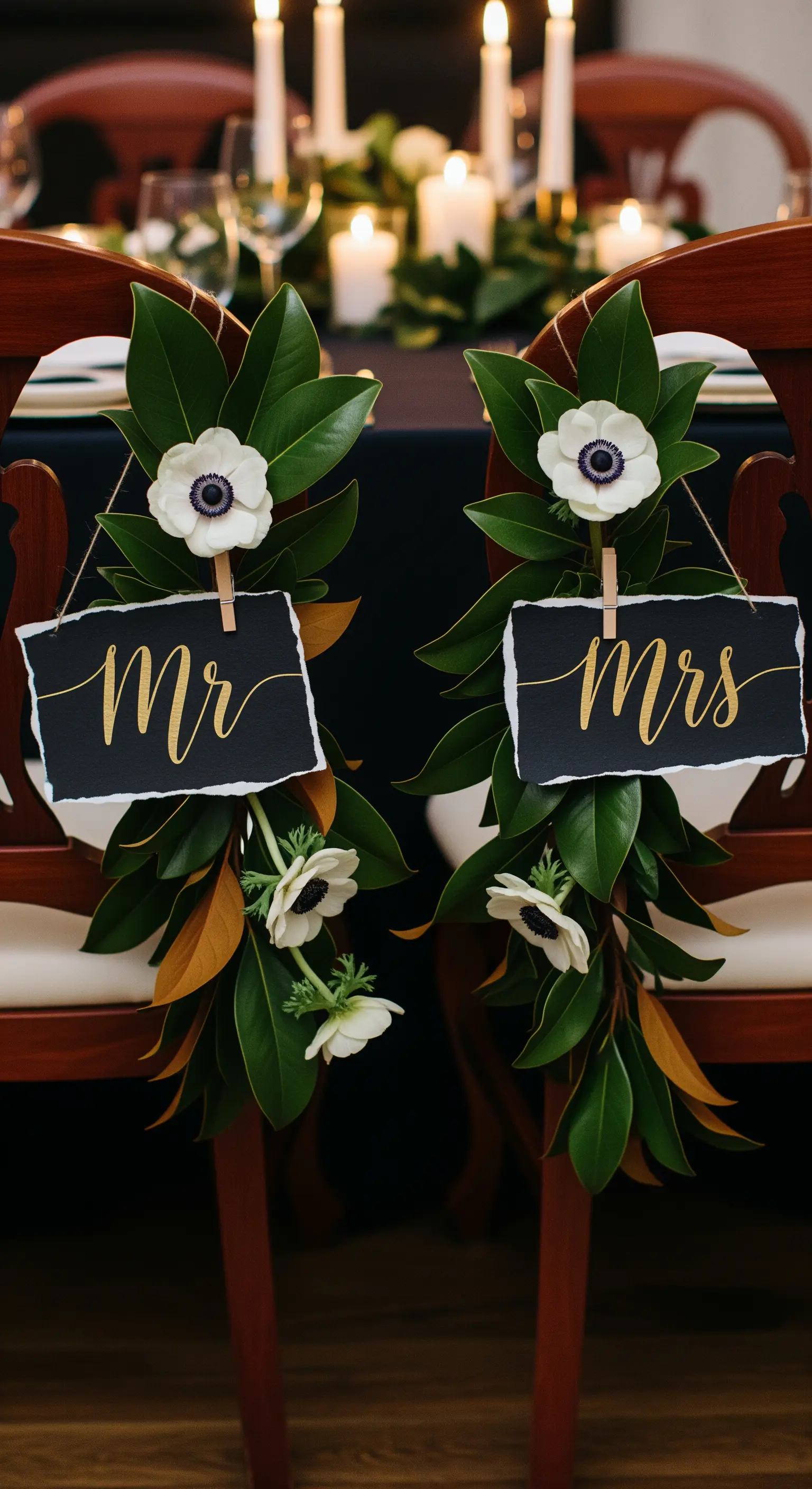 Sedie in legno decorate con foglie di magnolia, anemoni bianchi e targhette nere 'Mr & Mrs'.