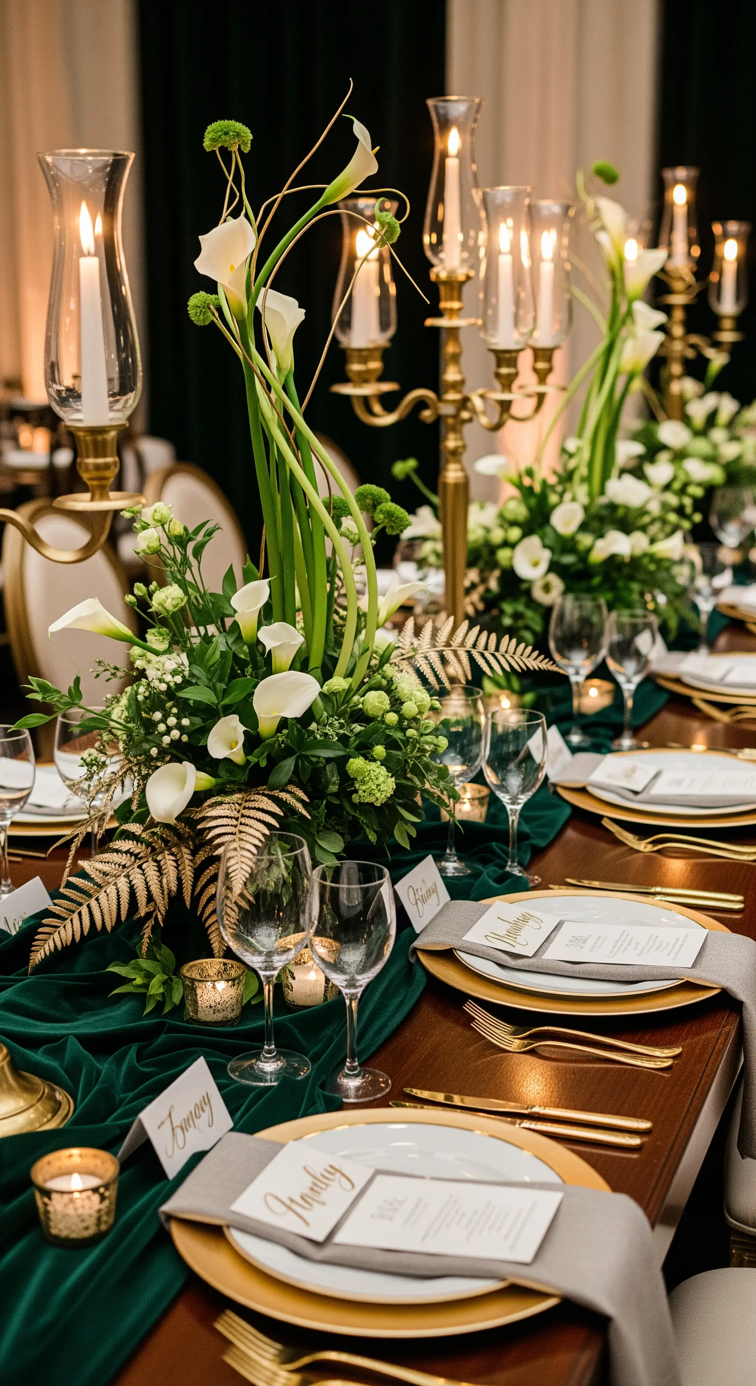 Tavola di gala con runner in velluto verde, calle bianche e dettagli dorati.
