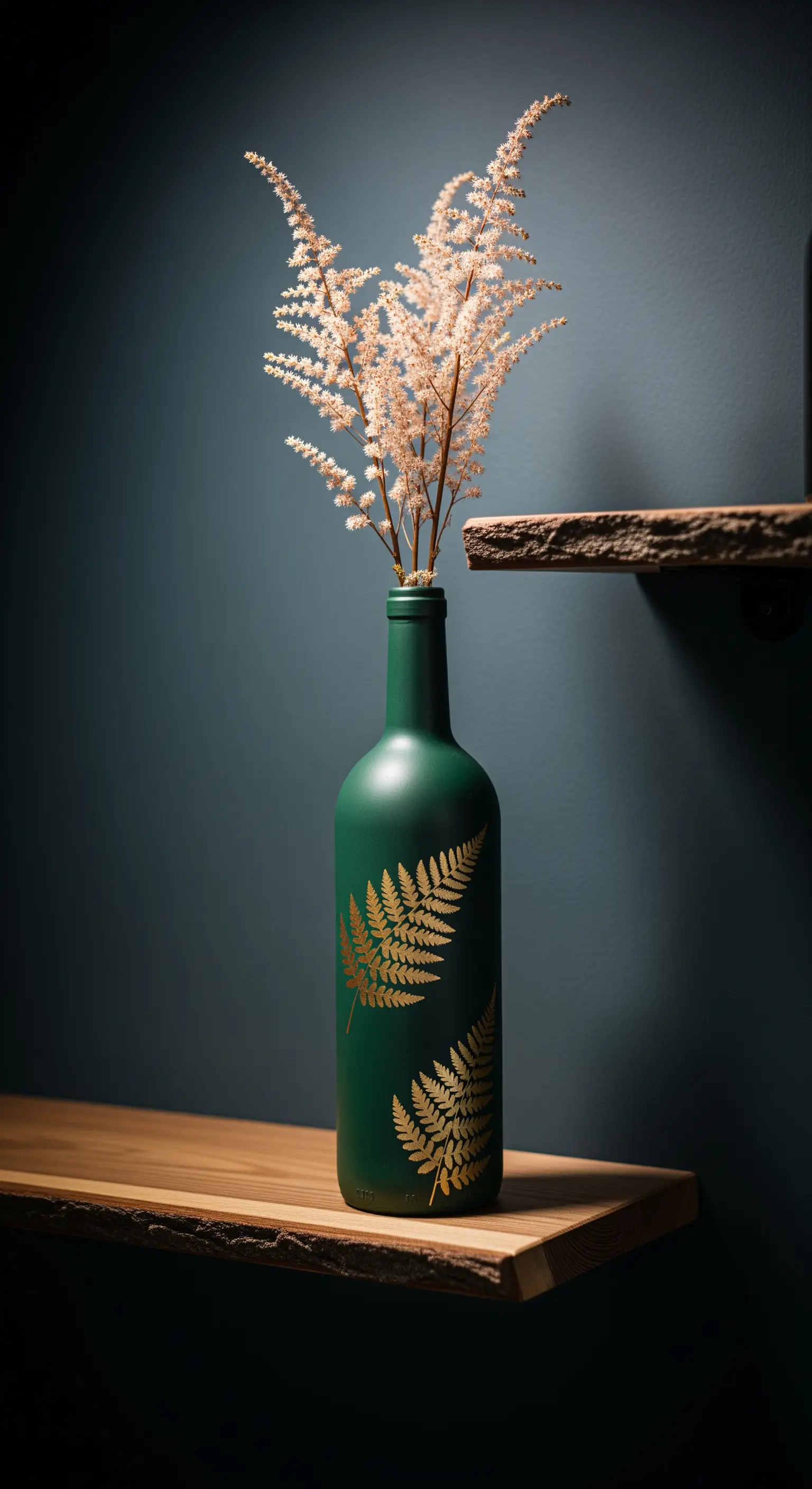 Bottiglia di vino verde scuro opaco con decorazioni di foglie di felce dorate.