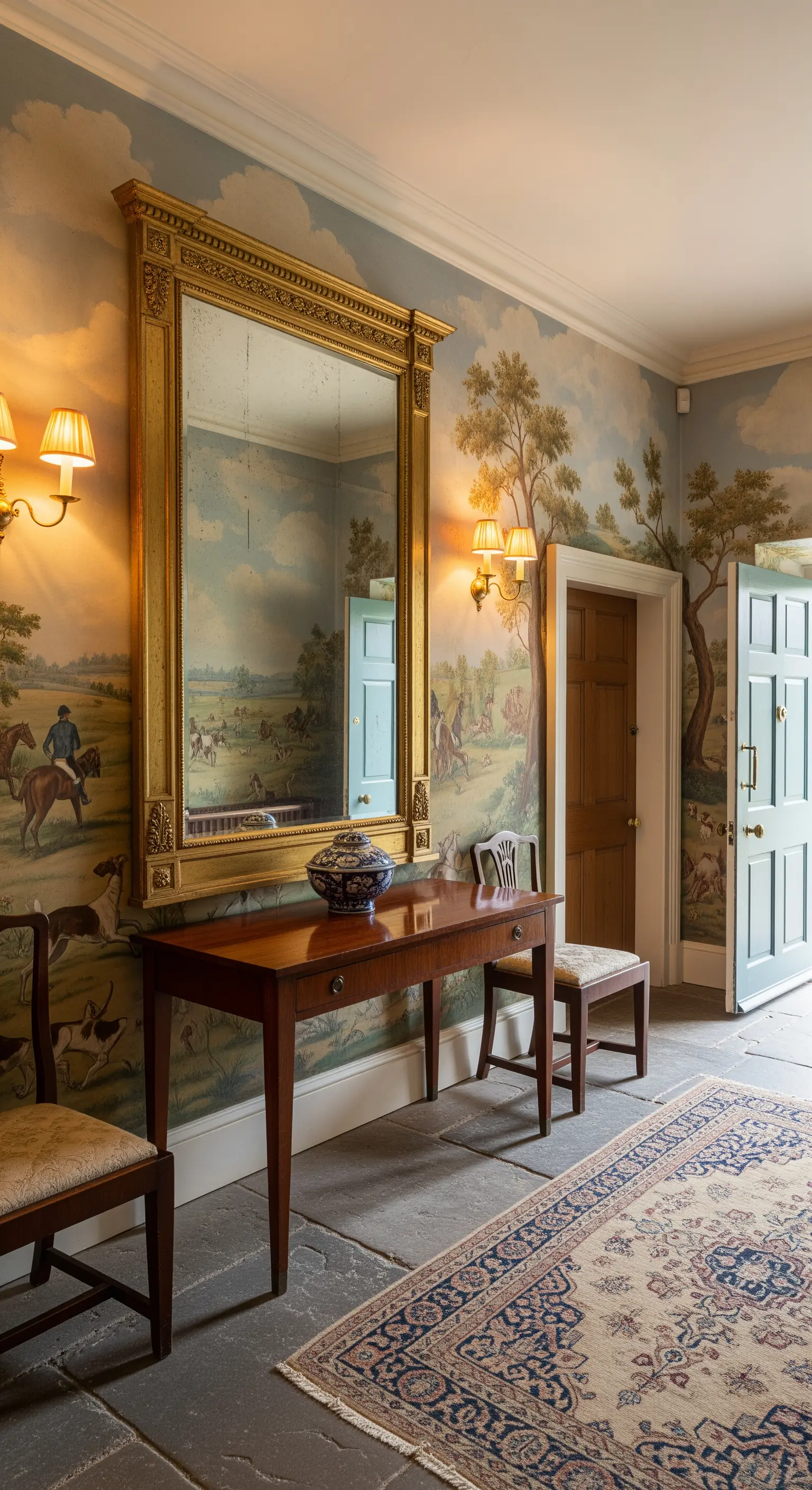 Ingresso di una casa di campagna con carta da parati panoramica e specchio dorato antico.