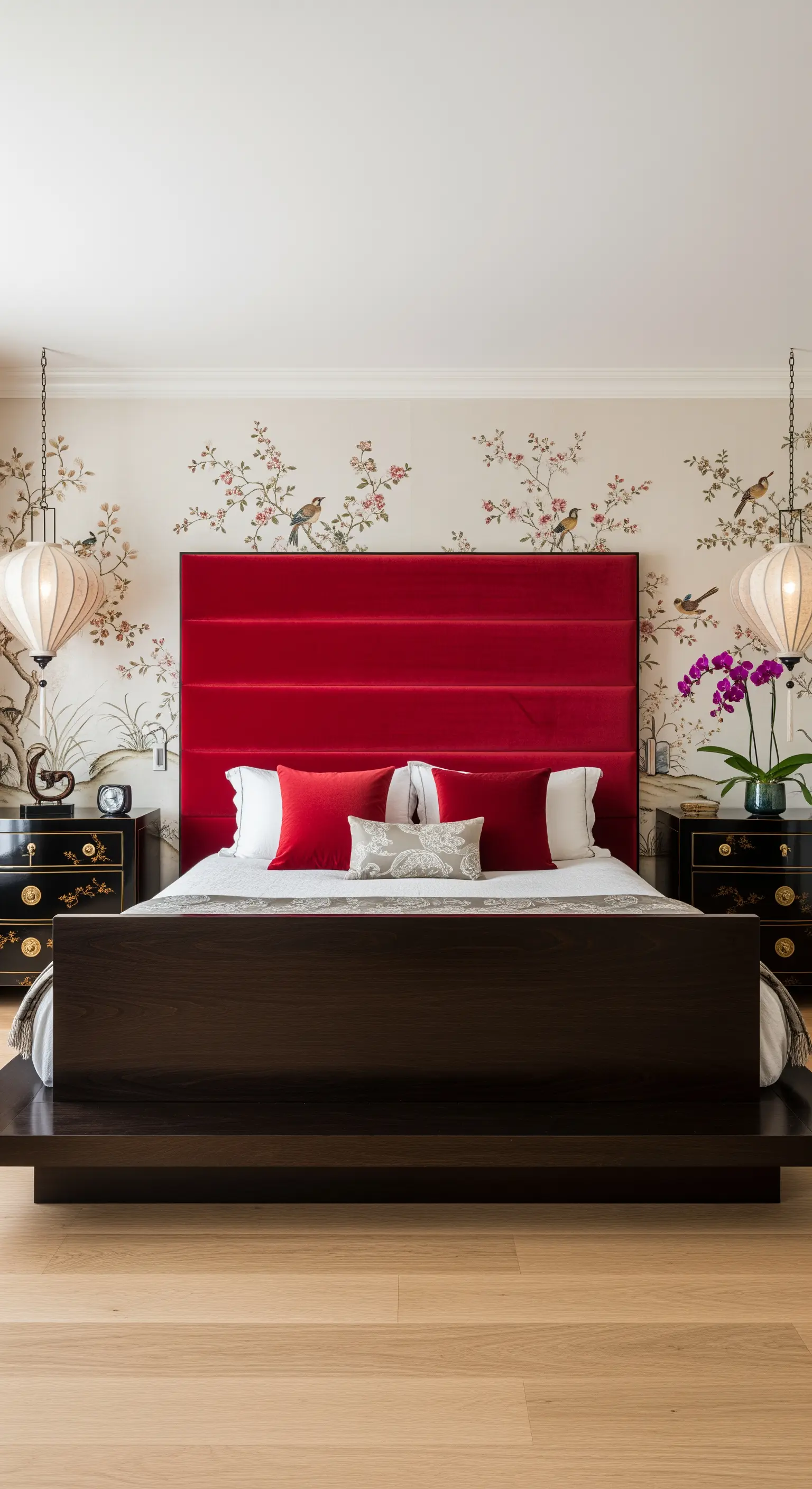 Testiera in velluto rosso con carta da parati a motivi chinoiserie.