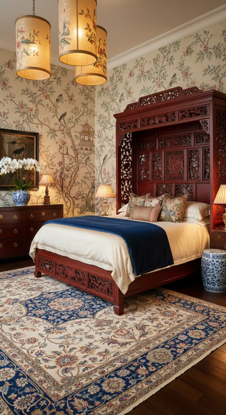 Camera da letto in stile Chinoiserie con letto a baldacchino laccato e carta da parati a tema.
