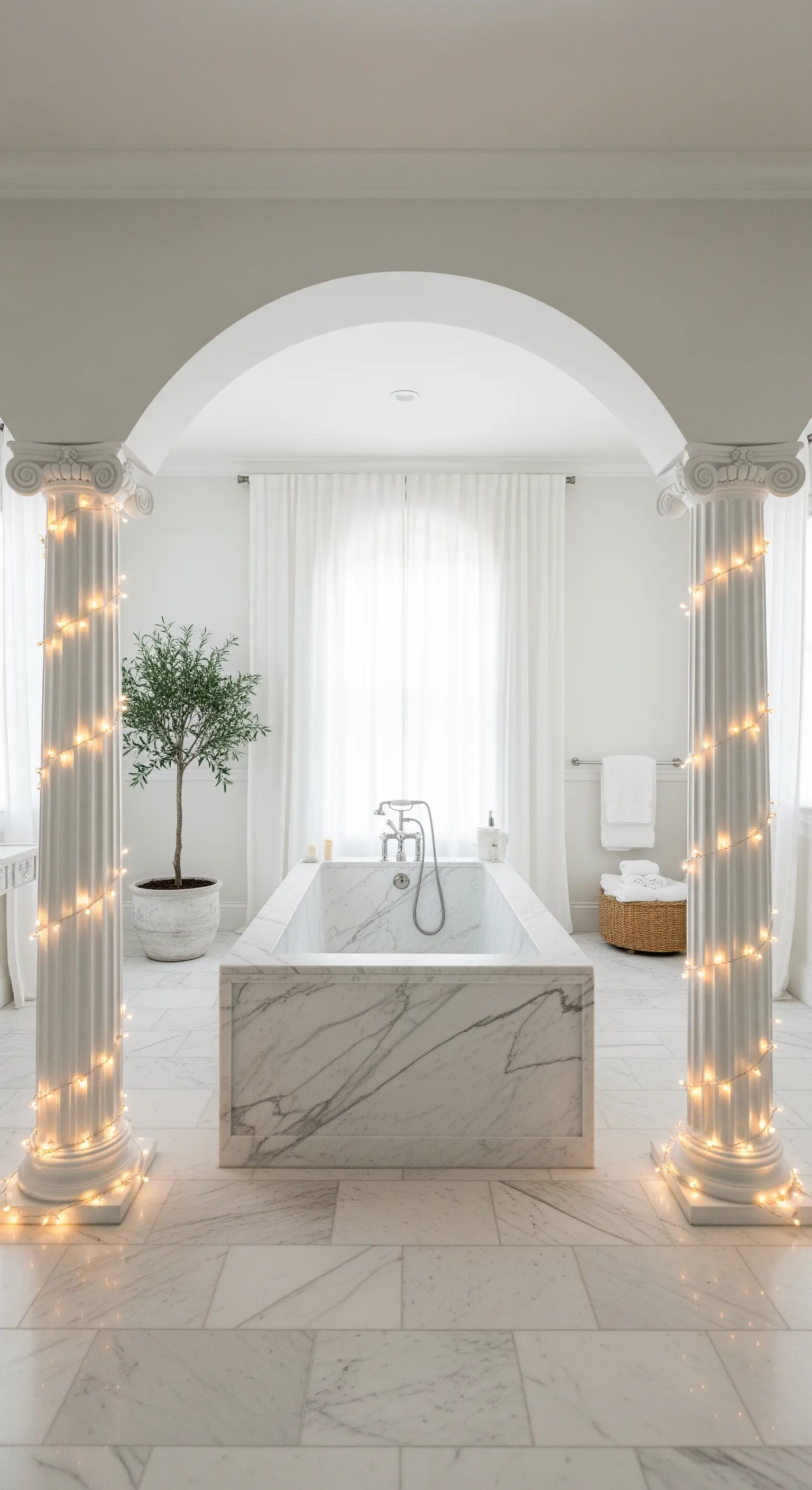 Colonne classiche in marmo avvolte da lucine calde che incorniciano una vasca.