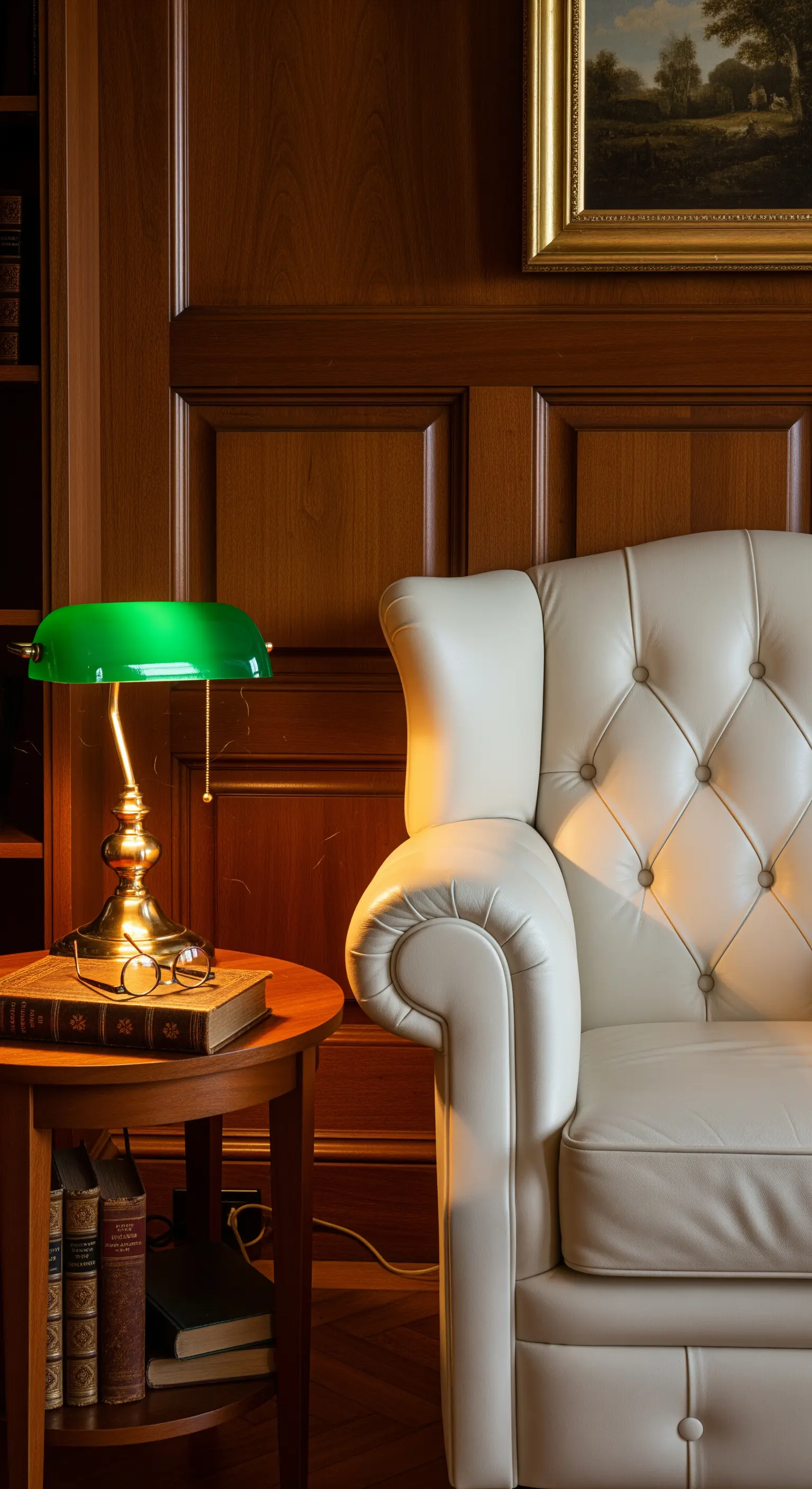 Poltrona in pelle bianca capitonné accanto a una boiserie in legno scuro e lampada da tavolo.
