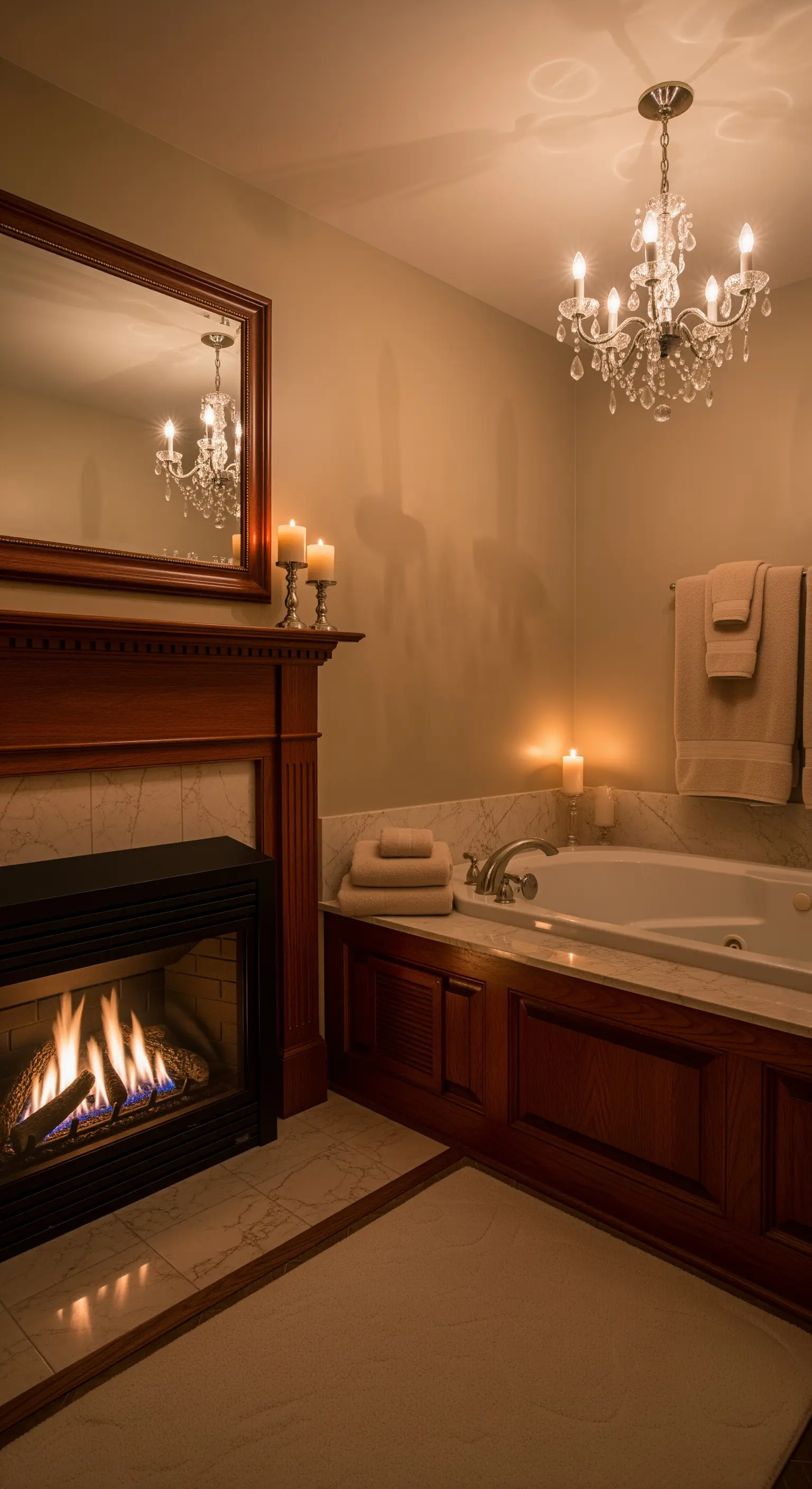 Bagno tradizionale ed elegante con vasca, camino acceso e lampadario di cristallo.