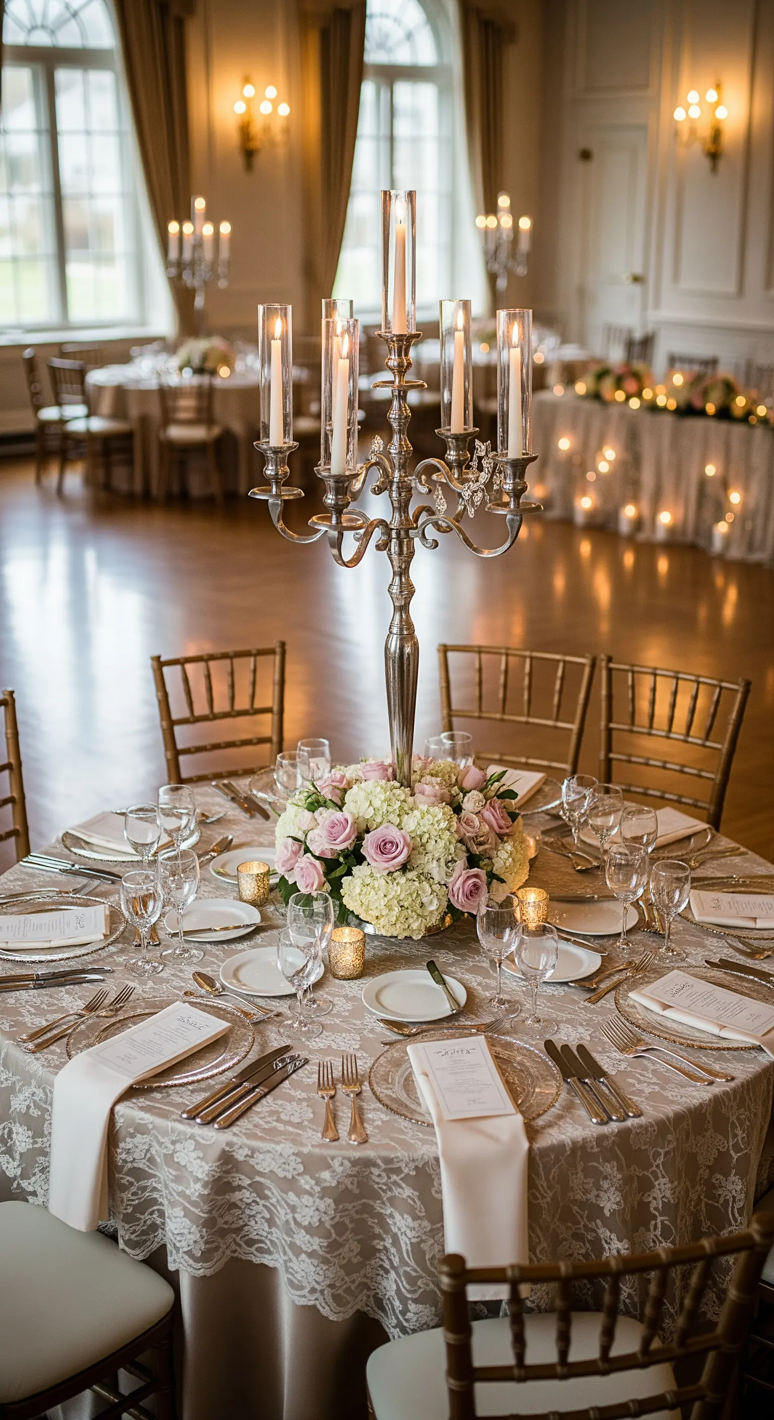Tavola rotonda elegante con tovaglia in pizzo, candelabro d'argento e fiori rosa e bianchi.