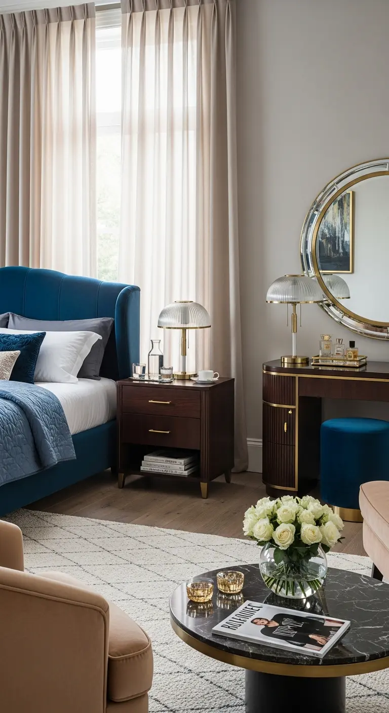 Camera elegante con letto blu, toeletta in legno scuro e un doppio strato di tende beige e avorio.