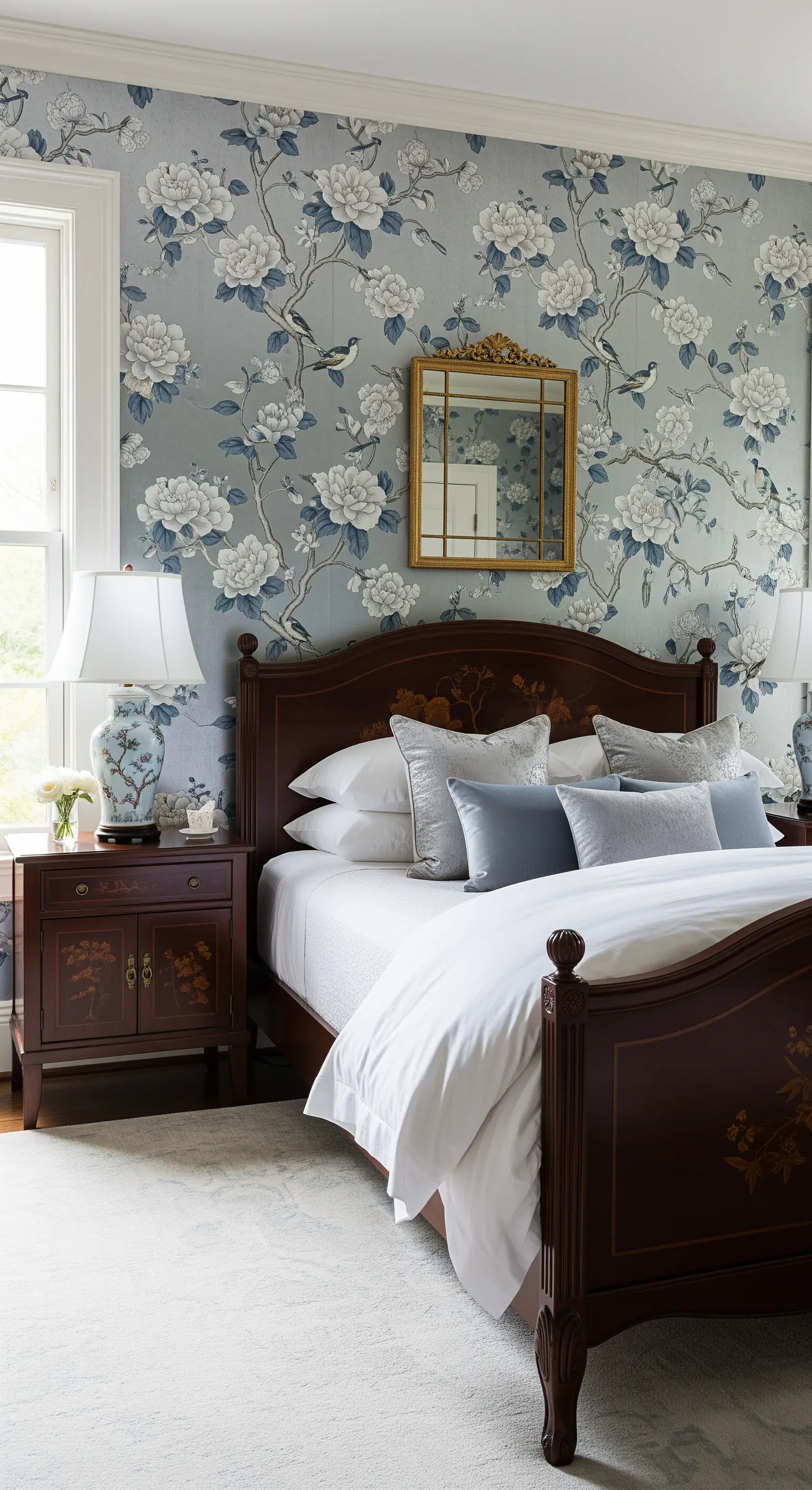 Carta da parati Chinoiserie grigio-blu in una camera da letto con mobili in legno scuro.
