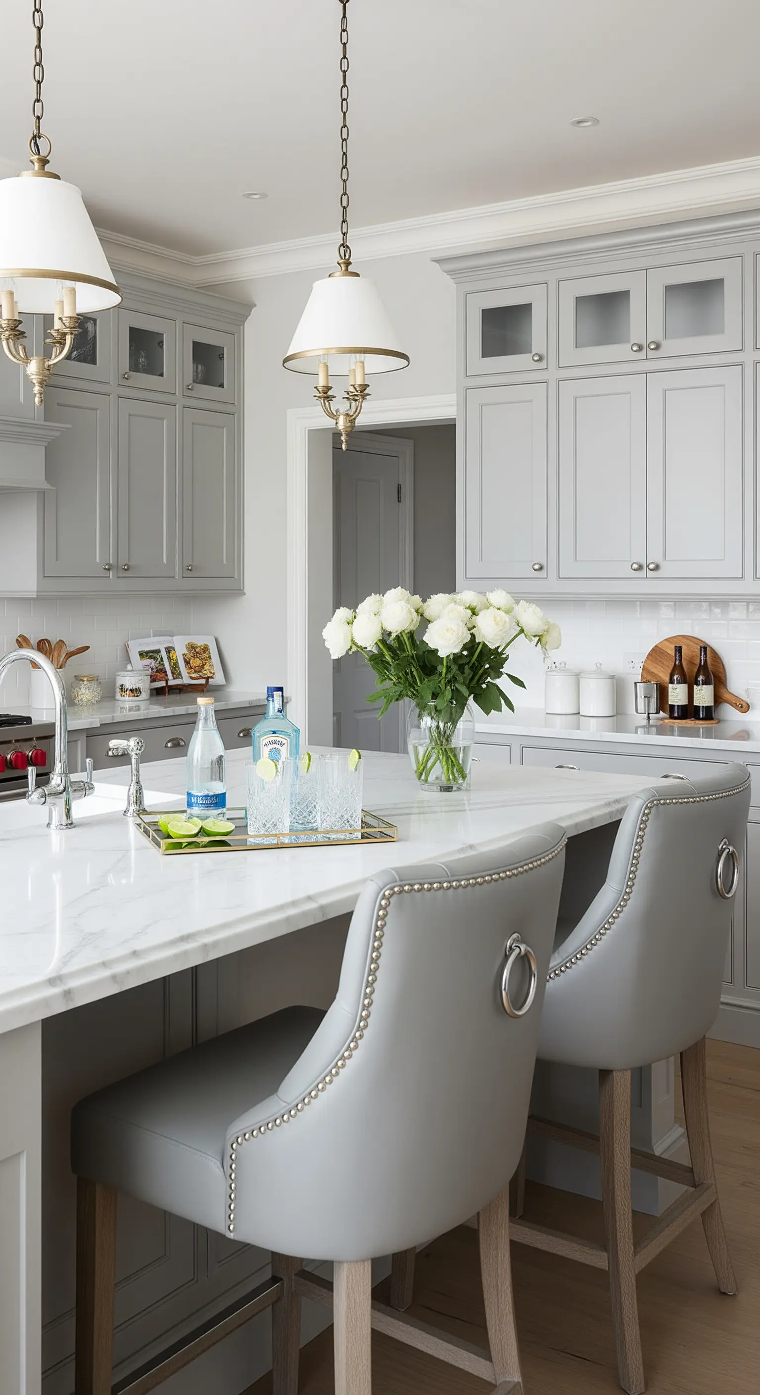 Cucina grigia in stile neoclassico con sgabelli in pelle borchiati e dettagli cromati.