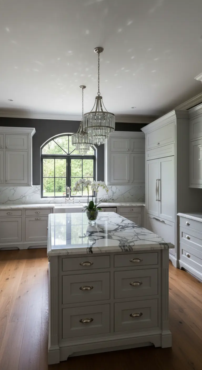 Cucina classica con pareti grigio scuro, mobili grigio chiaro, isola in marmo e lampadari di cristallo.