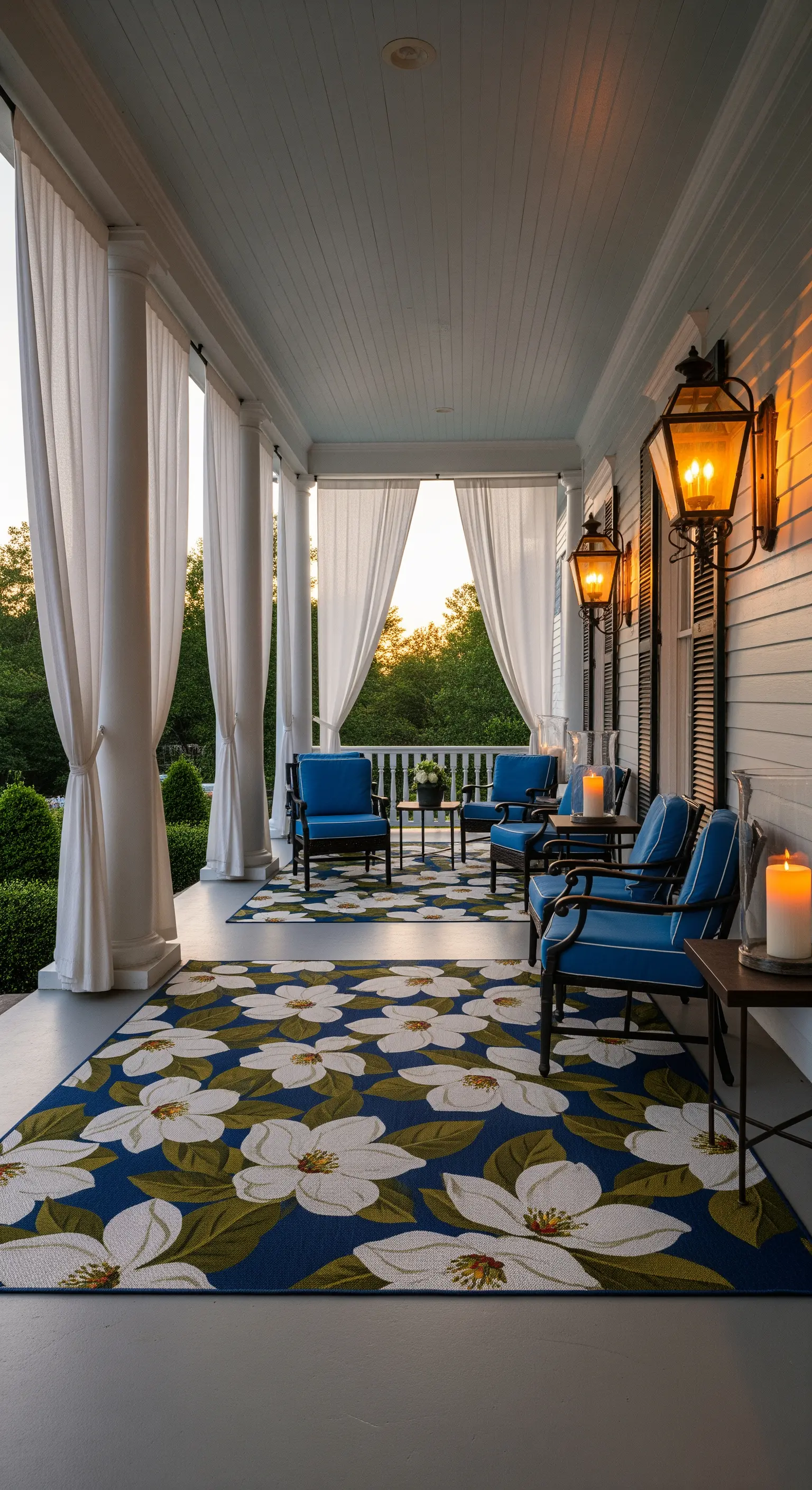 Portico classico con colonne bianche, sedute blu e un grande tappeto con motivo a magnolie.
