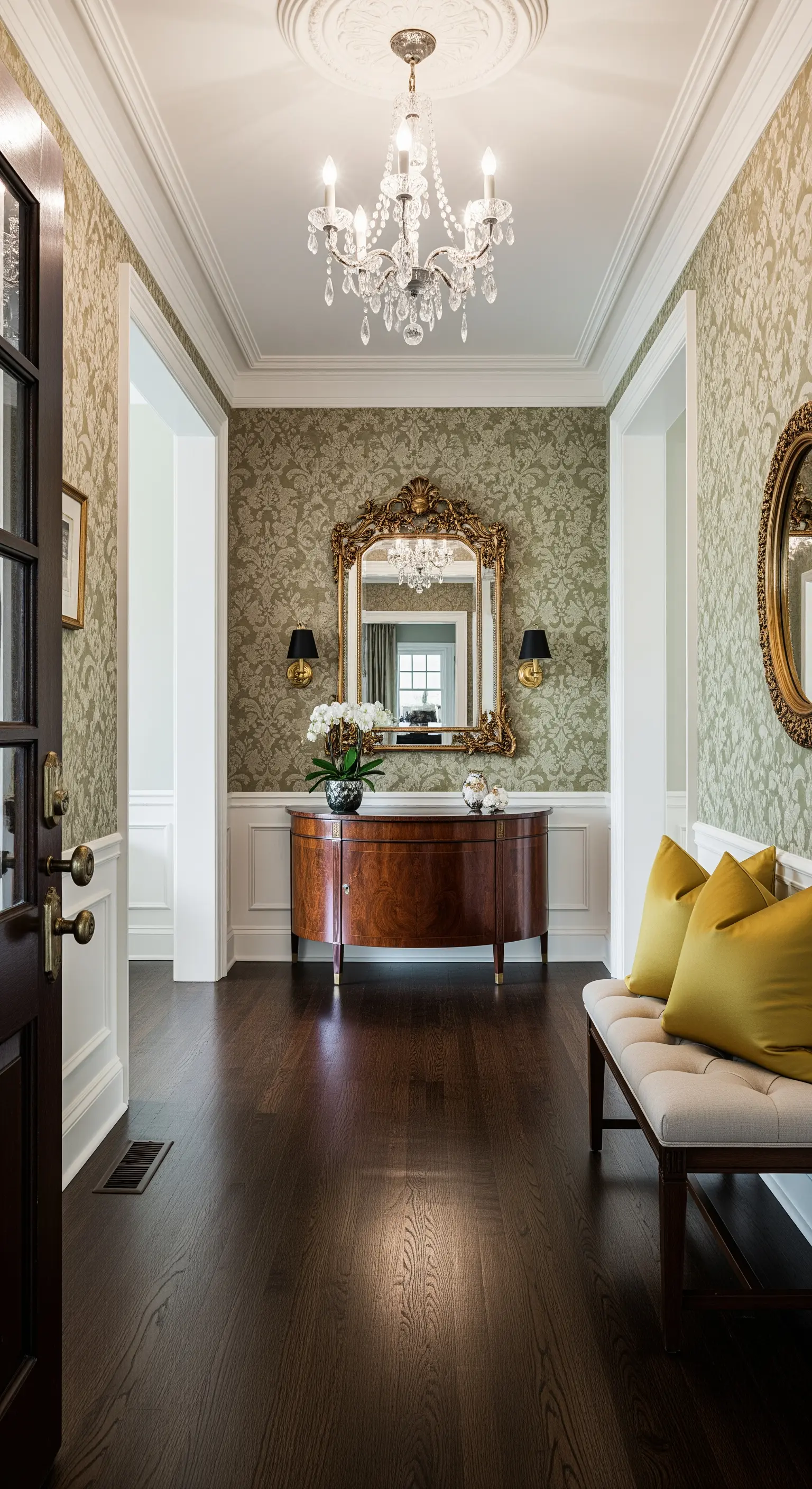 Ingresso tradizionale con carta da parati damascata verde, boiserie bianca e cuscini in velluto senape.