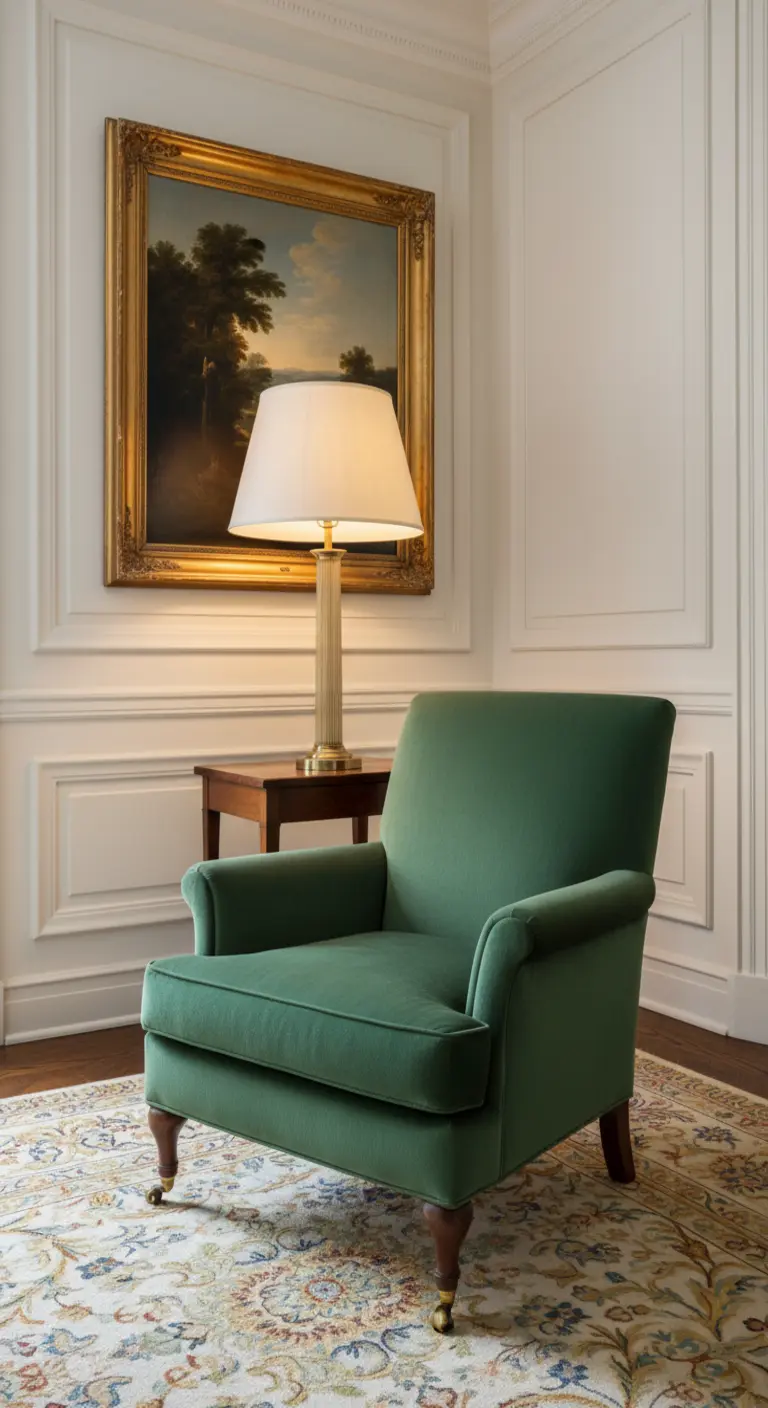 Angolo formale con poltrona in velluto verde, boiserie bianca e un quadro classico.