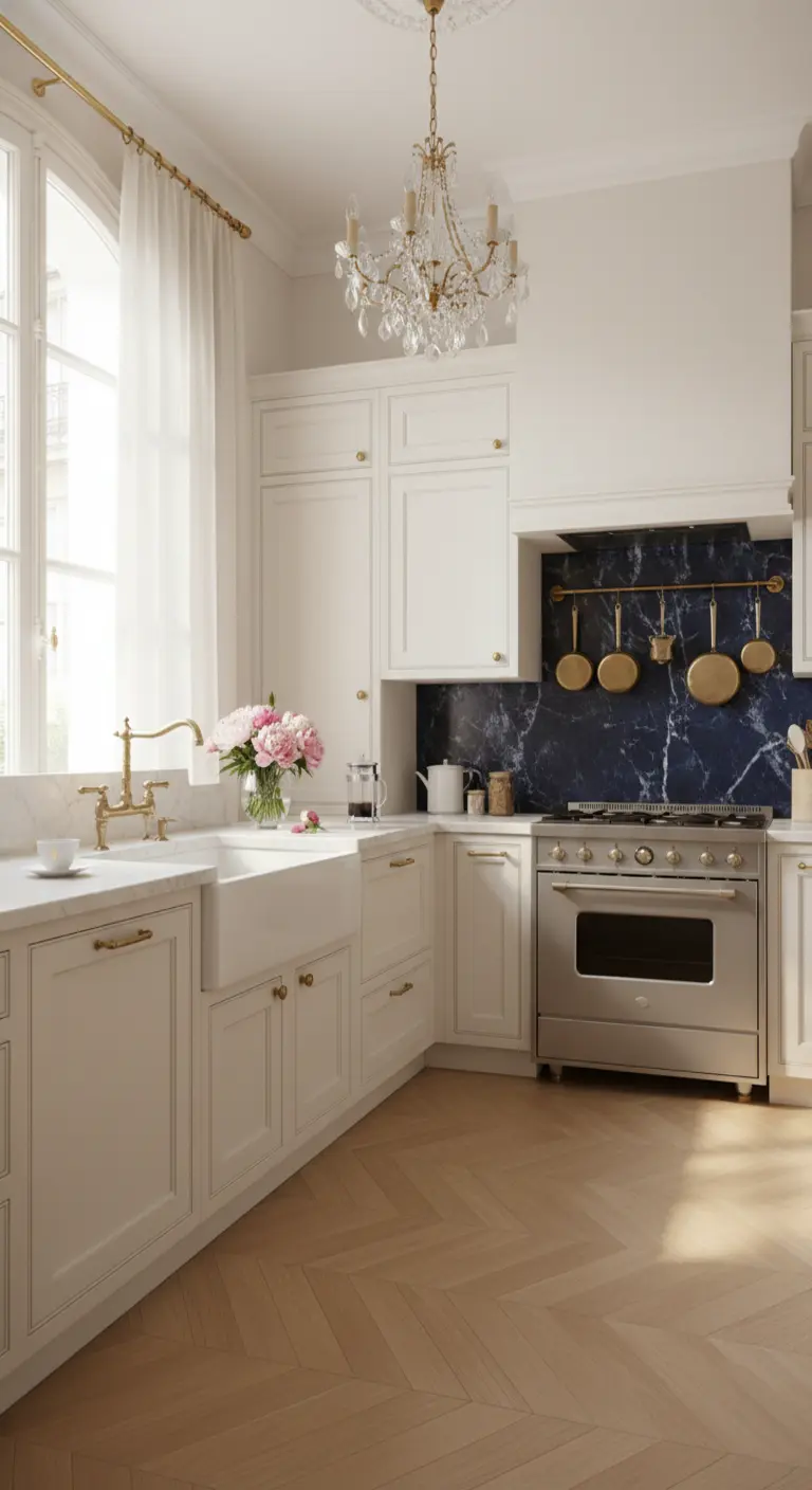 Cucina classica bianca con paraschizzi in marmo blu, lampadario in cristallo e dettagli dorati.