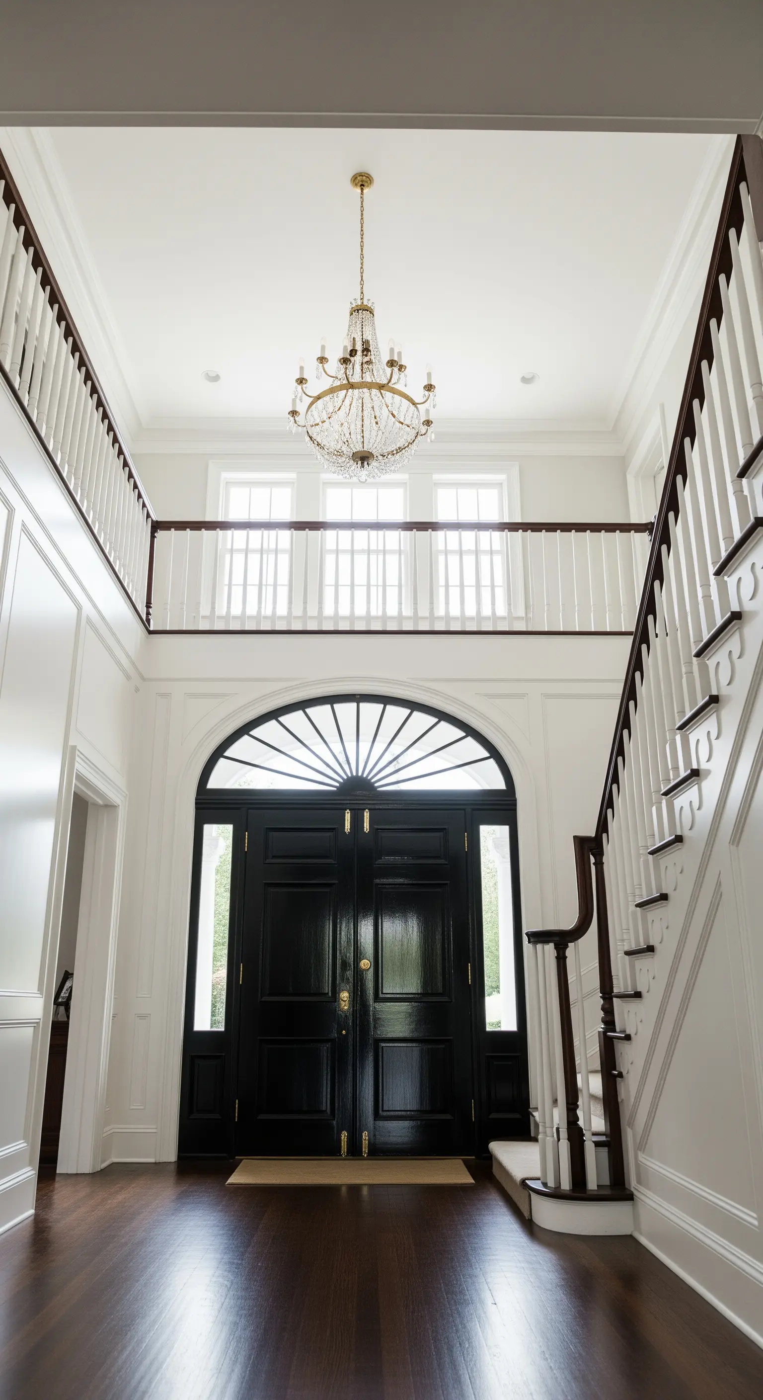 Ingresso tradizionale a doppia altezza con boiserie bianca, porta nera e lampadario di cristallo.