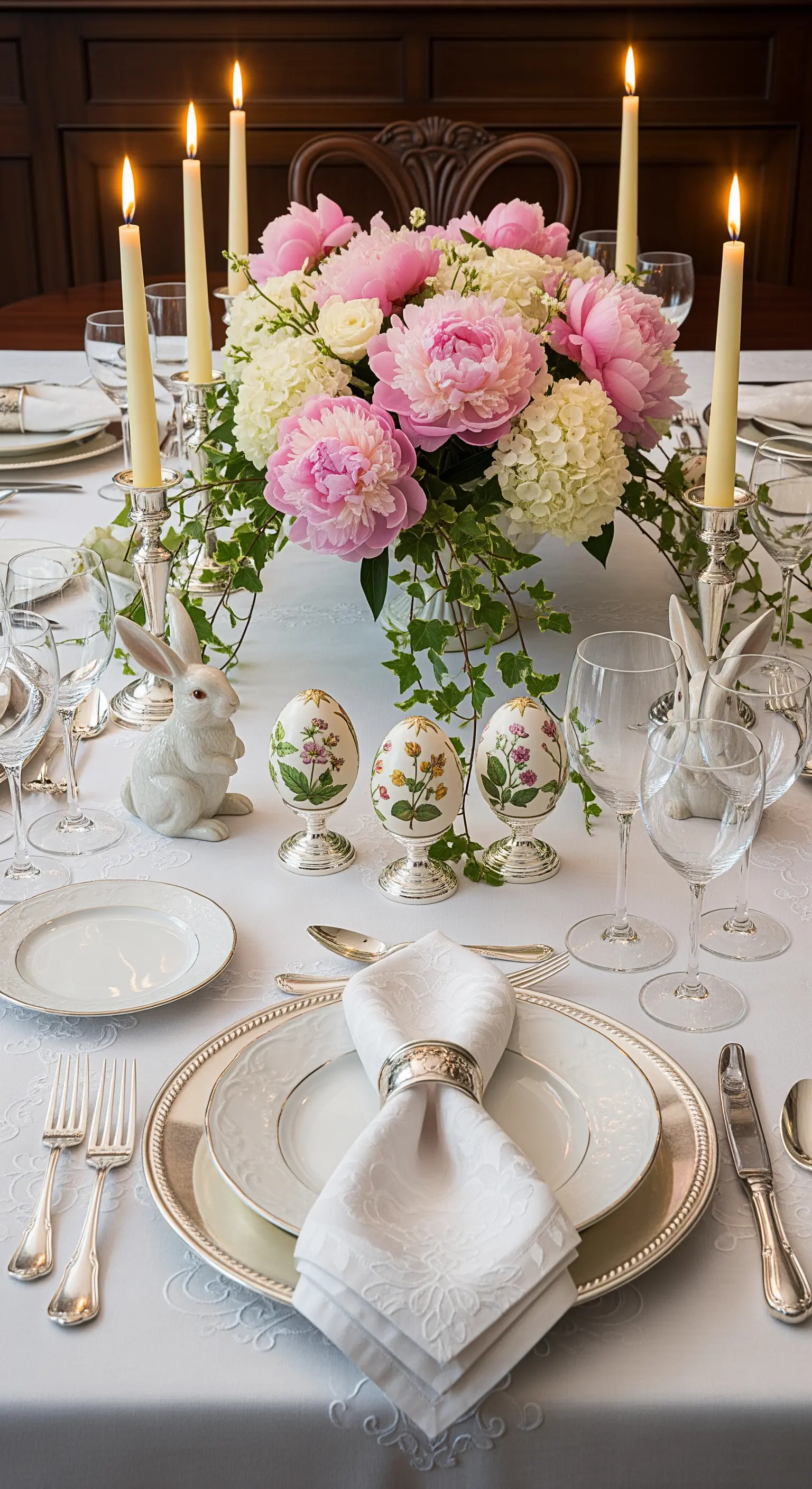Tavola pasquale formale con tovagliato bianco, argenteria, peonie e uova su portauova