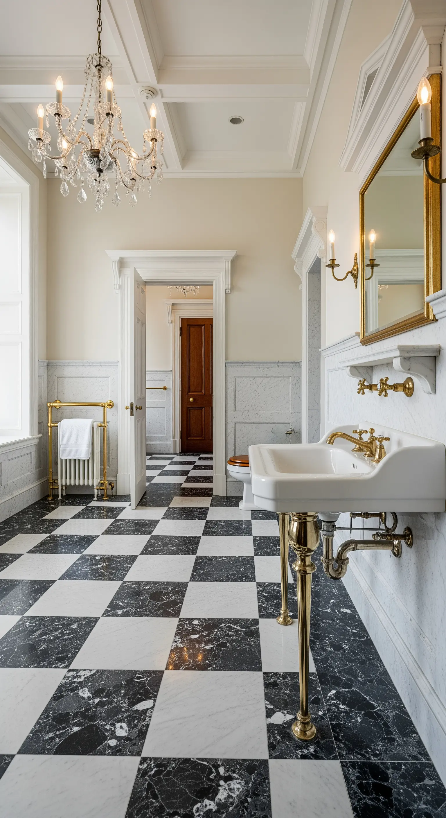 Bagno classico con pavimento a scacchiera in marmo bianco e nero e lavabo con gambe in ottone.
