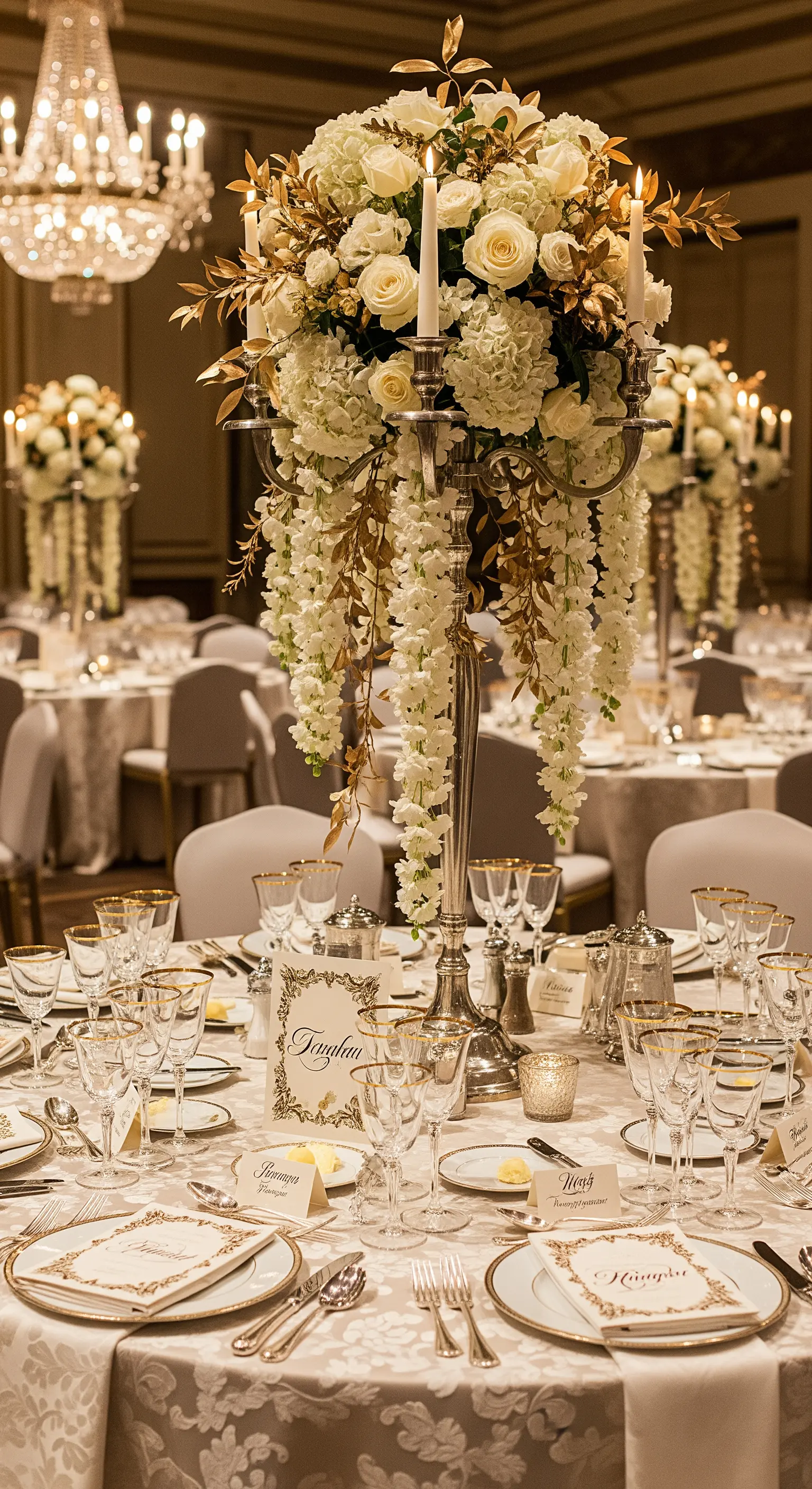 Centrotavola alto con rose bianche e fiori a cascata su una tavola color avorio e oro.