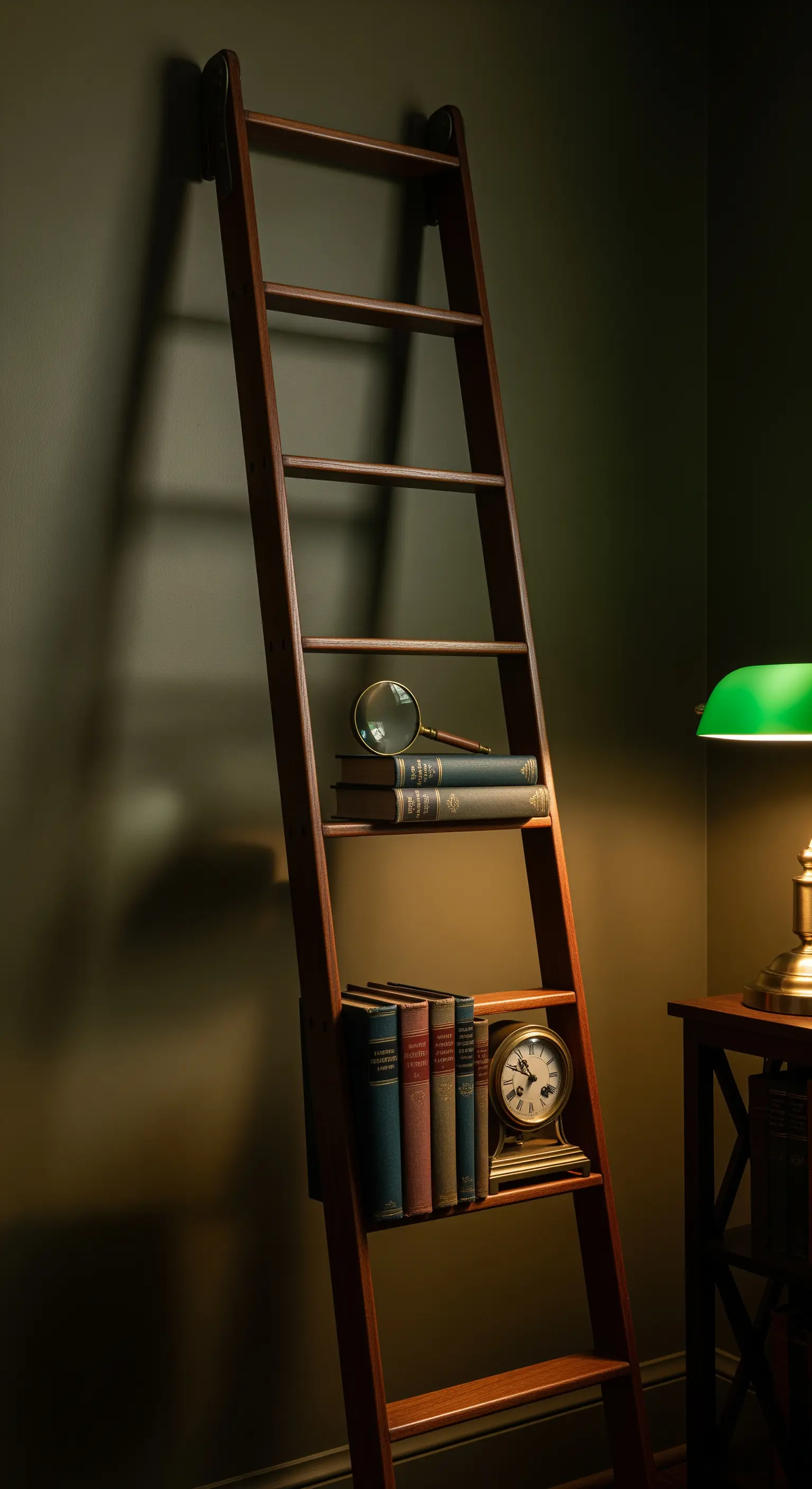 Scala in legno scuro appoggiata a una parete verde oliva con libri antichi.