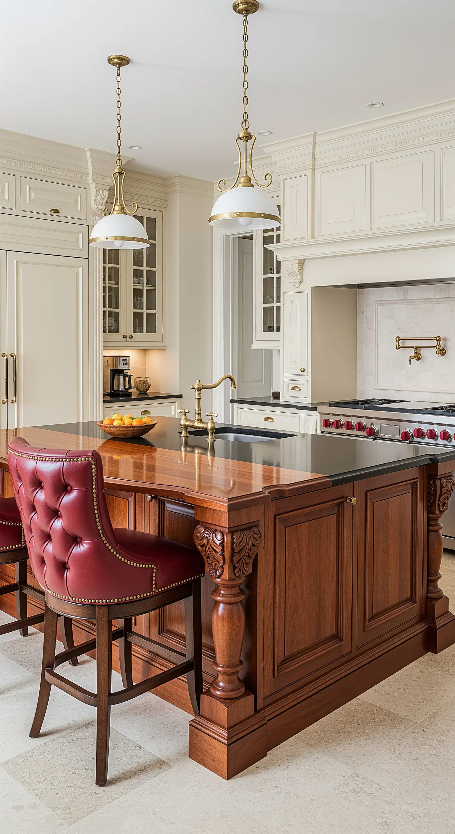 Isola da cucina classica in legno scuro intagliato con sgabelli in pelle rossa capitonné.