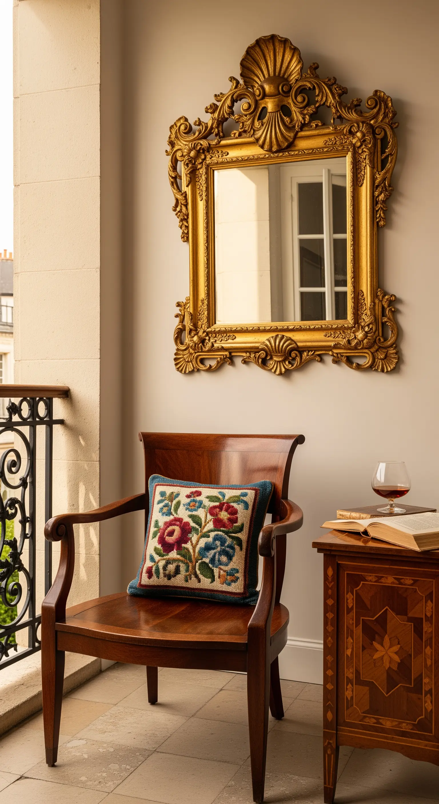 Angolo lettura su balcone con sedia in legno, mobile intarsiato e specchio dorato classico.