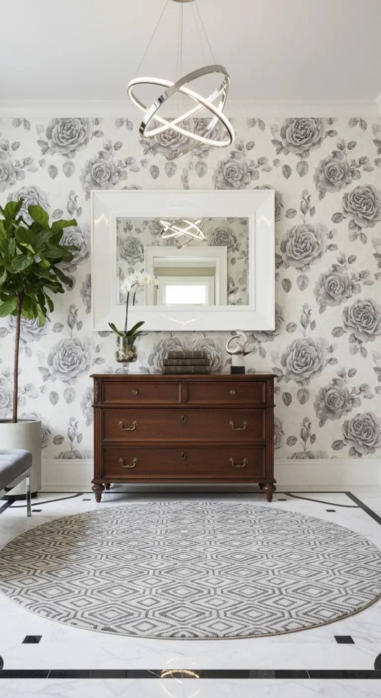 Ingresso con carta da parati classica a rose grigie, comò antico e lampadario di design moderno.