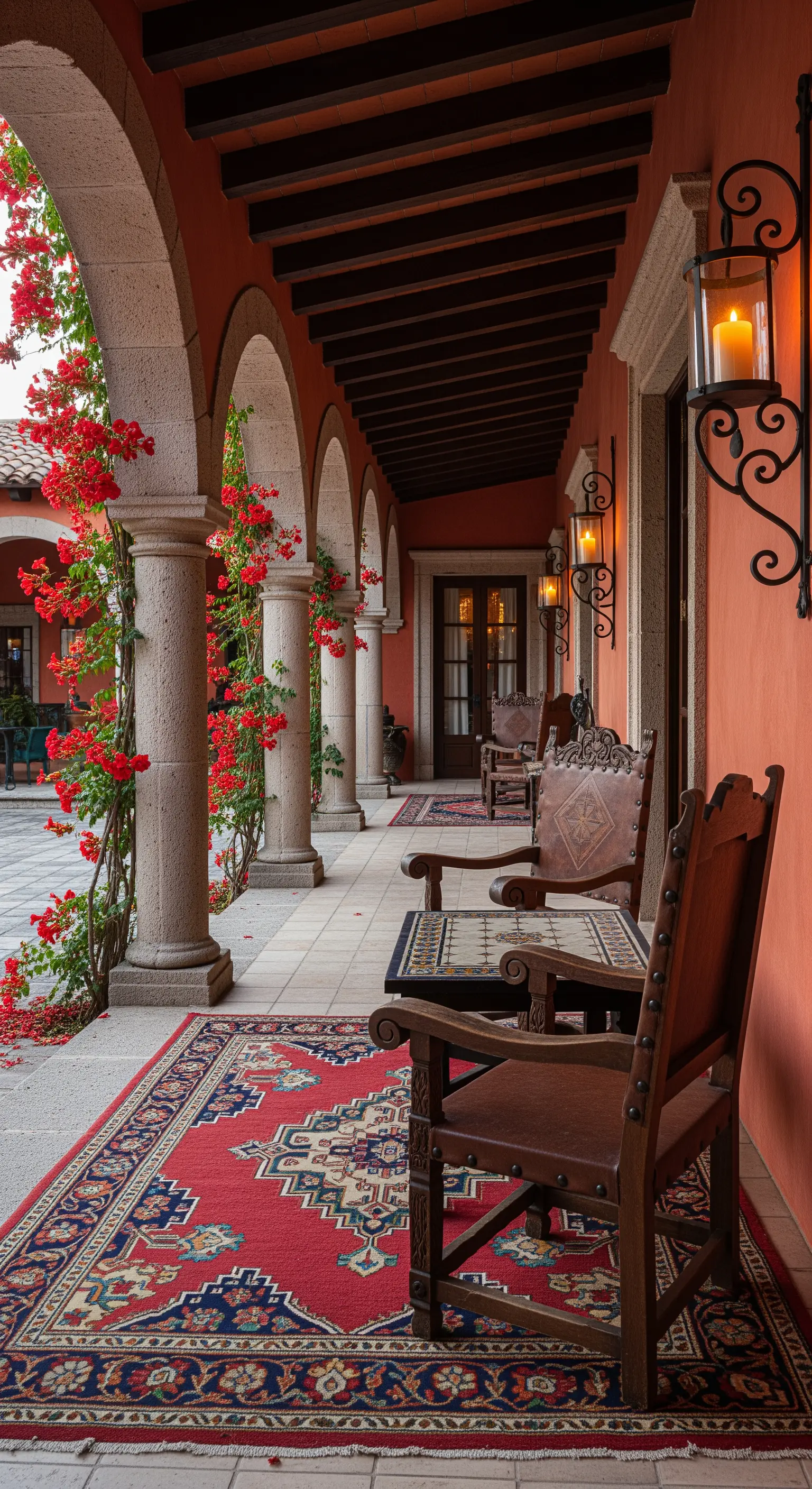 Lungo porticato color terracotta con colonne, sedie in legno e tappeti persiani rossi.