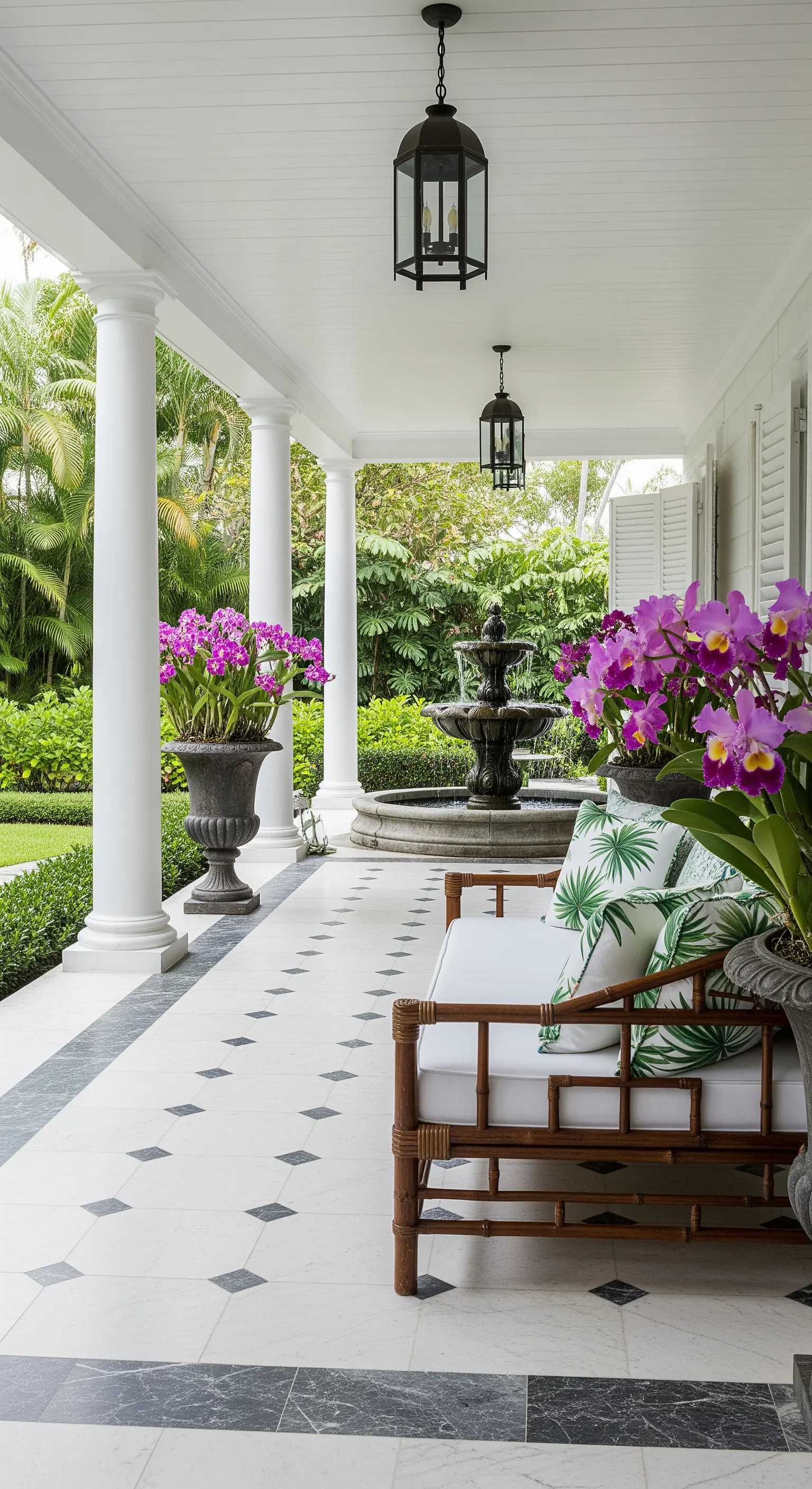 Portico in stile coloniale con colonne bianche, pavimento a motivi geometrici e orchidee in vasi.