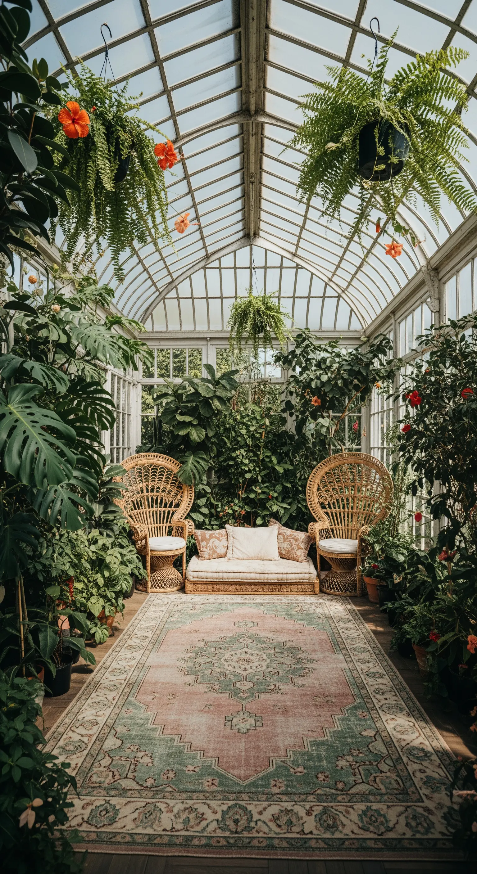 Serra in vetro con poltrone Peacock in rattan e un grande tappeto persiano dai toni chiari.