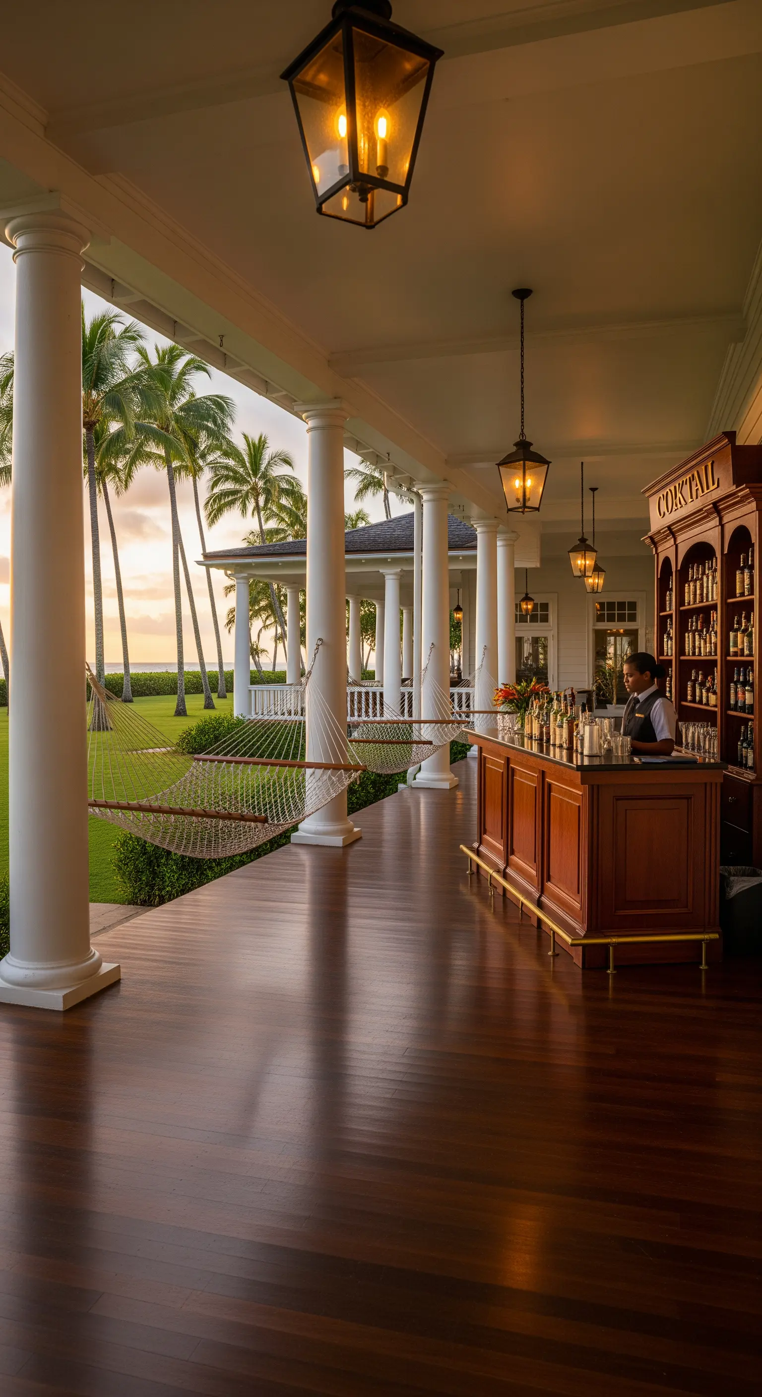 Lungo portico in stile coloniale con colonne bianche, pavimento in legno scuro e amache sospese