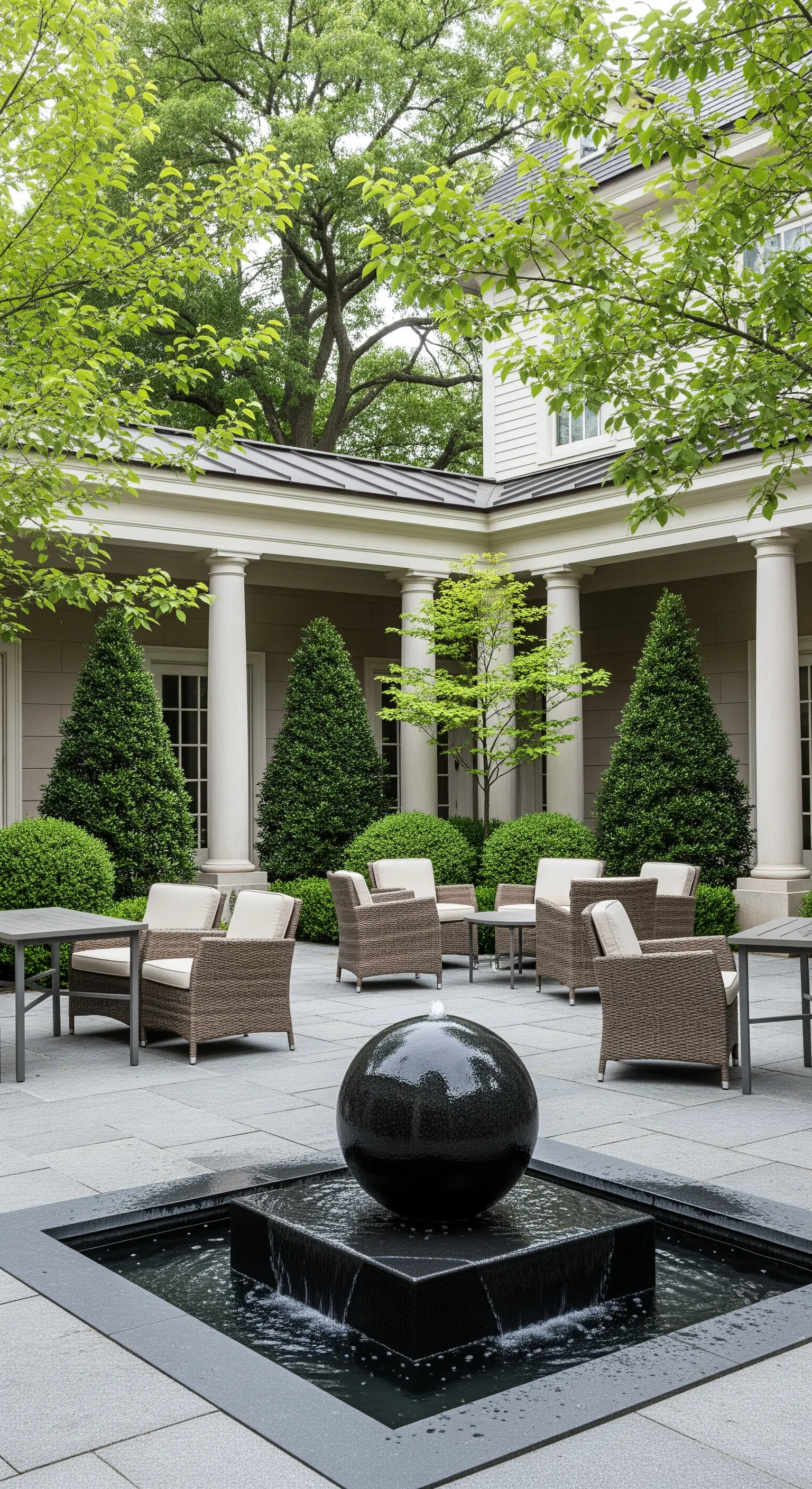 Patio moderno con pavimento in pietra, fontana a sfera nera e poltrone in rattan.
