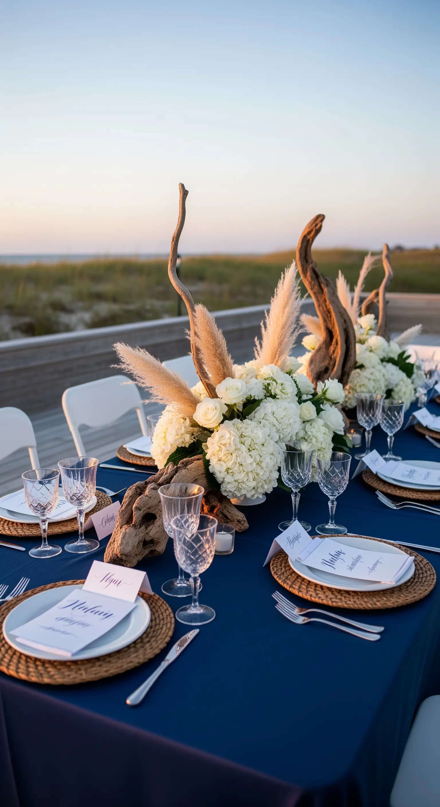 Tavola sulla spiaggia con tovaglia blu, legno levigato ed erba della pampa.