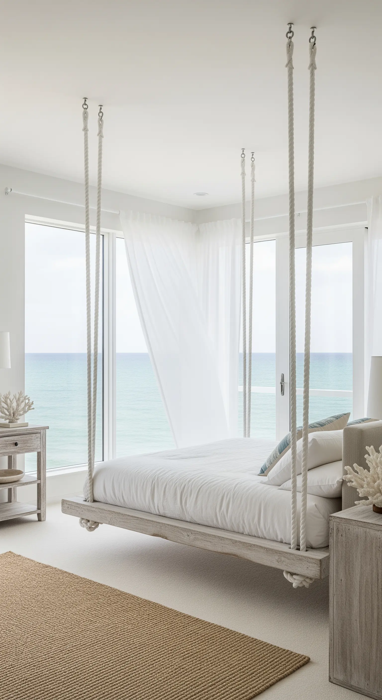 Letto in legno sbiancato sospeso con corde bianche in una camera con vista sull'oceano.