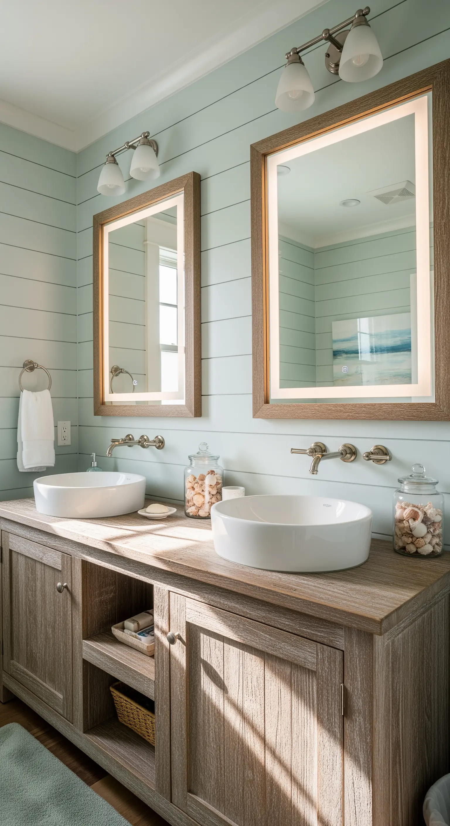 Due specchi retroilluminati con cornice in legno in un bagno stile coastal.