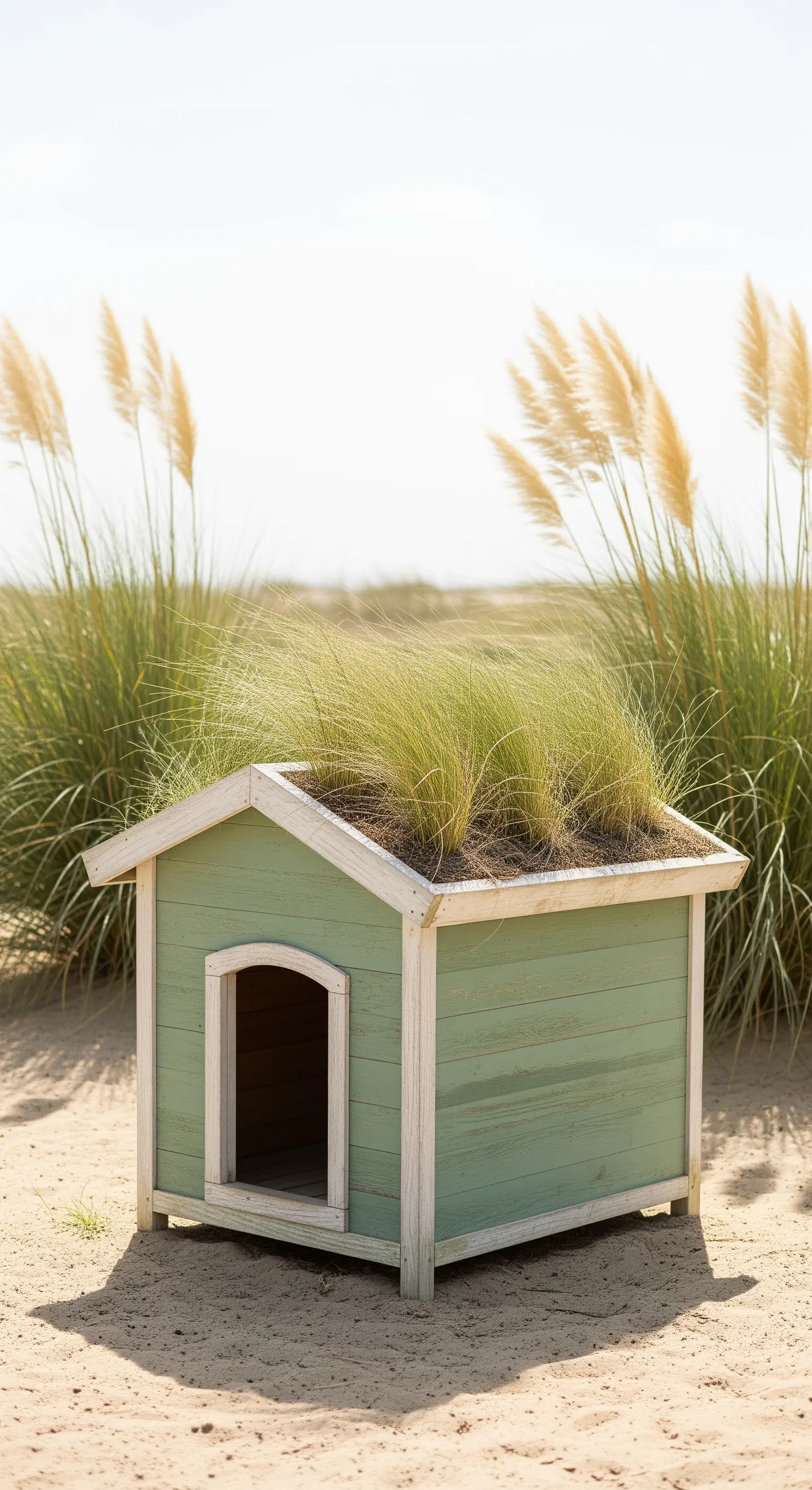 Cuccia color salvia con erbe ornamentali sul tetto, posizionata sulla sabbia.