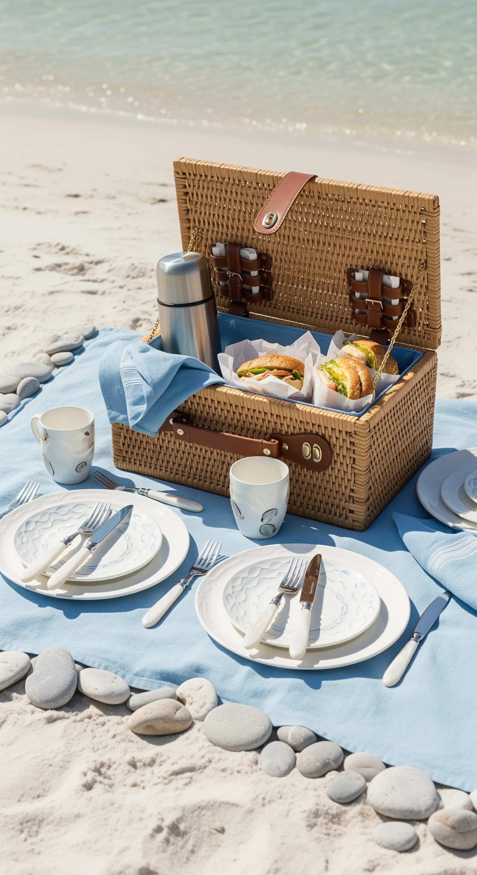 Cestino da picnic in vimini su una tovaglia azzurra in spiaggia, con piatti bianchi.
