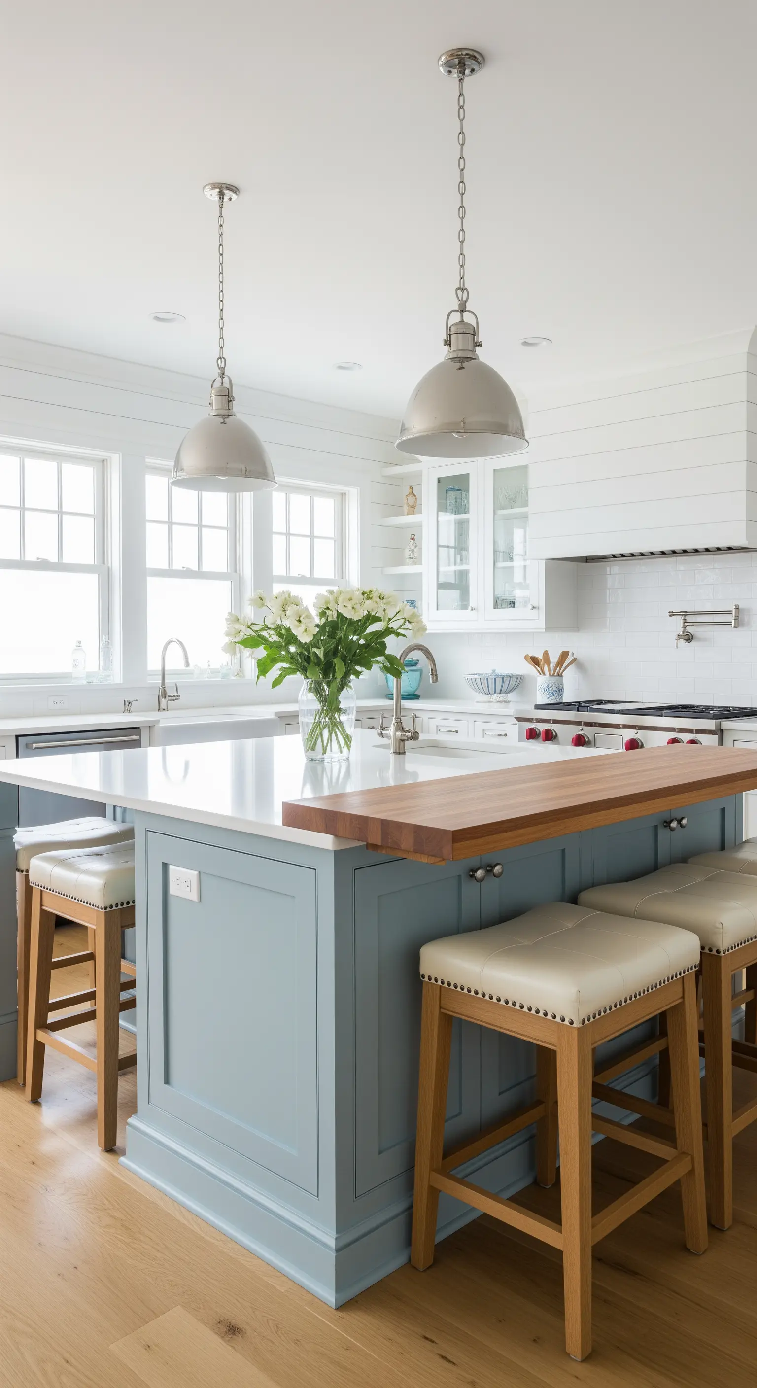 Isola da cucina azzurro polvere con piano rialzato in legno e sgabelli in pelle chiara.
