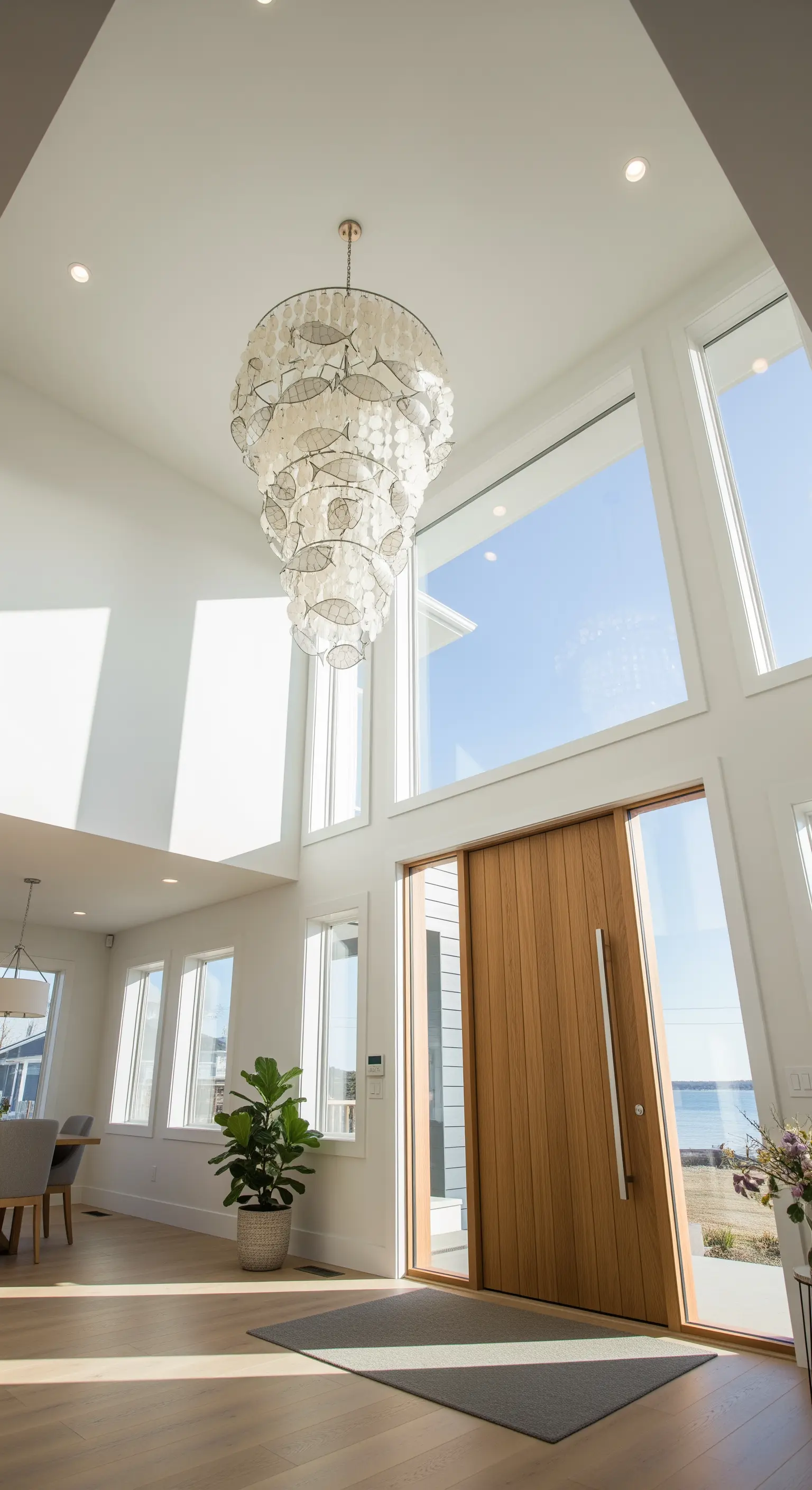 Ingresso moderno e luminoso con porta in legno chiaro e grande lampadario in madreperla.
