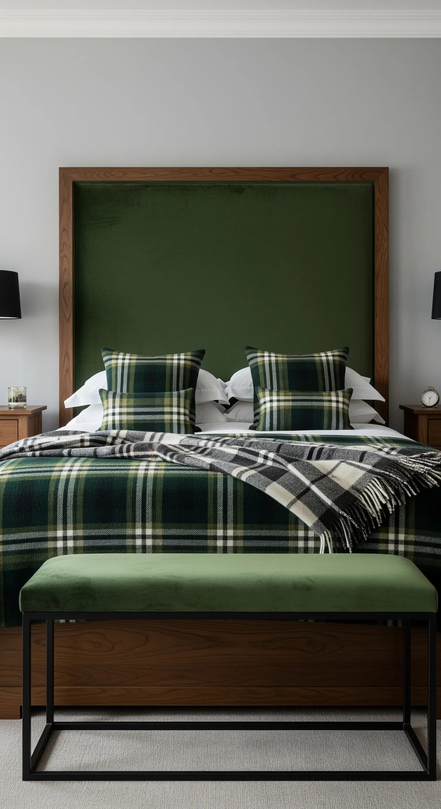 Letto con testiera in velluto verde e tessuti con fantasia tartan.