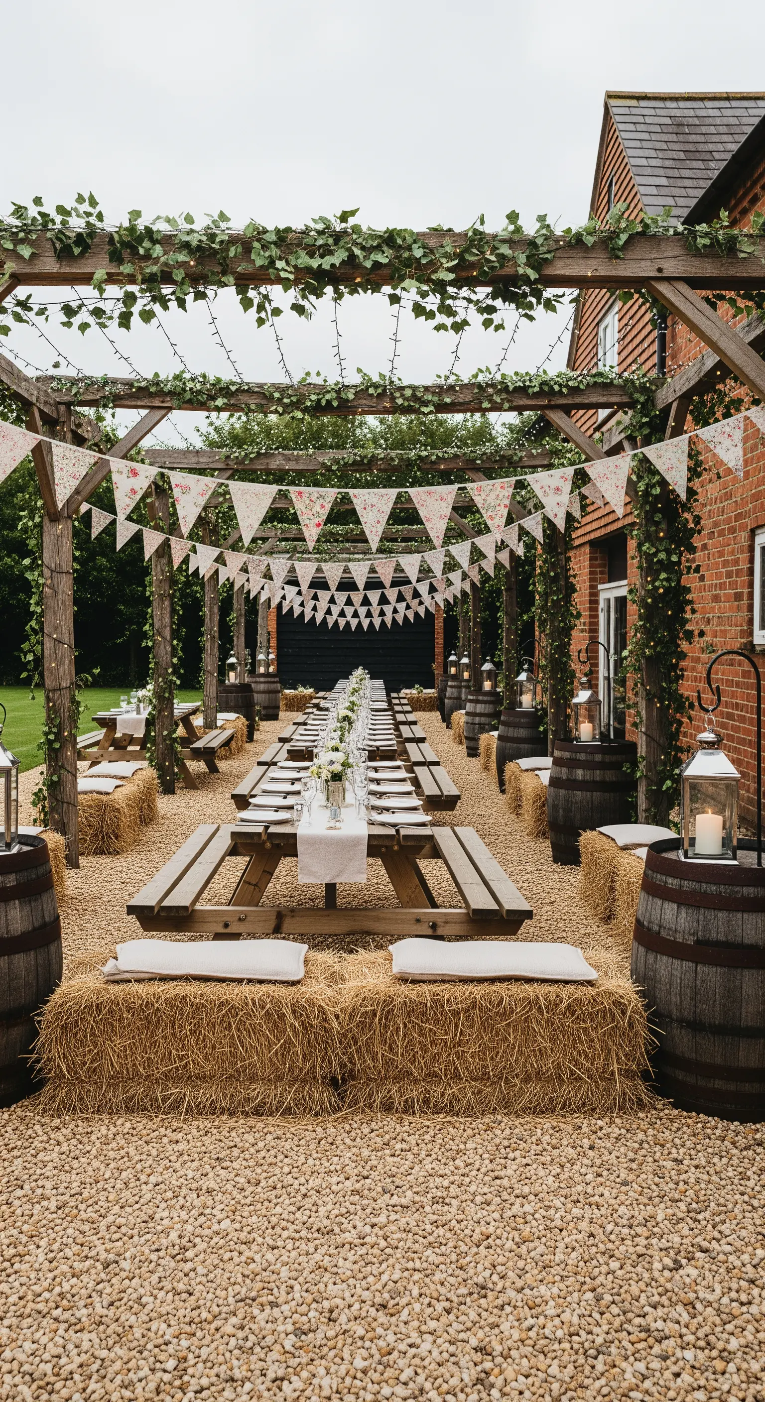 Allestimento rustico con balle di fieno come sedute, botti e una pergola in legno.