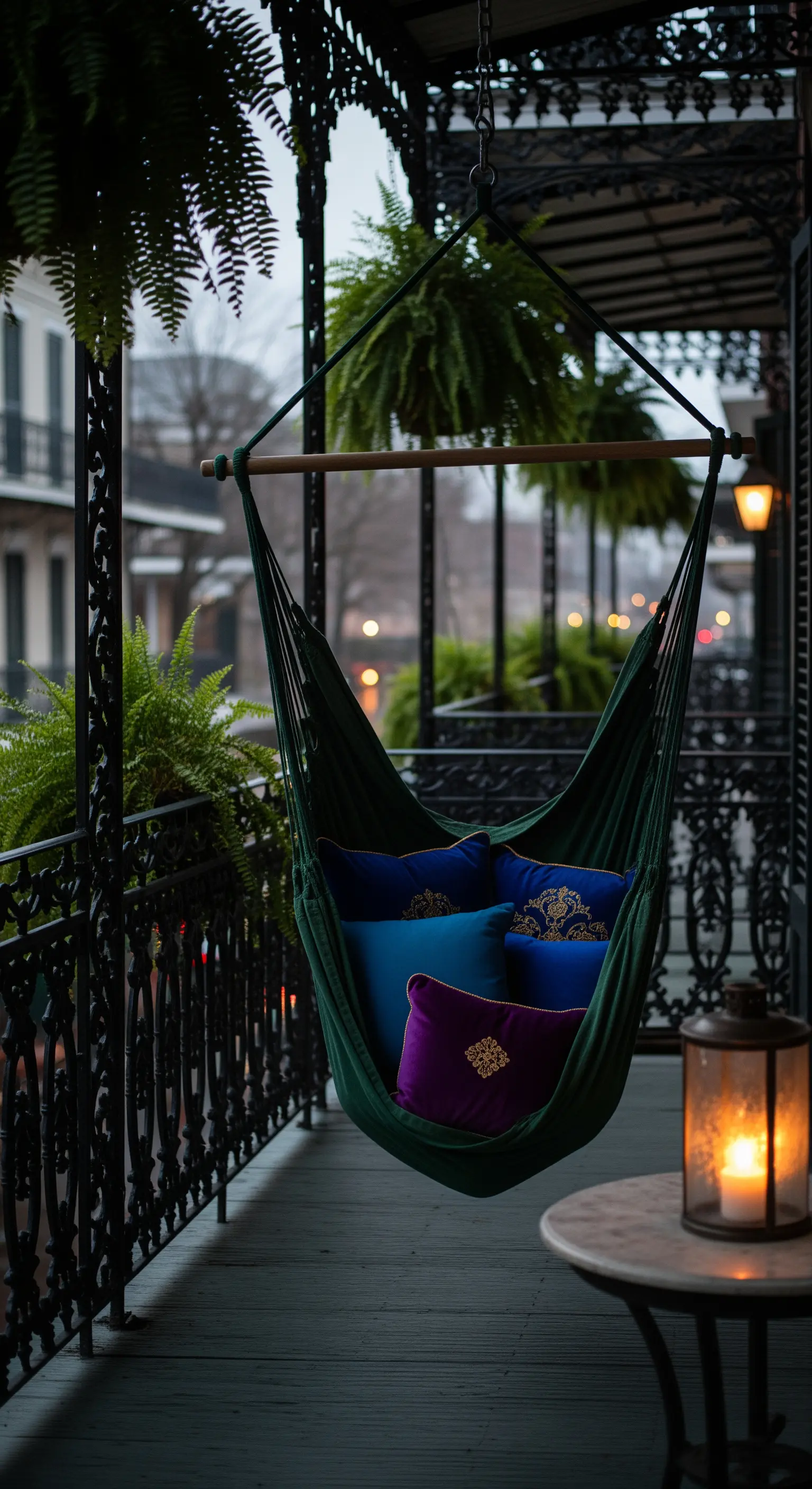 Sedia amaca verde scuro con cuscini in velluto su un portico con ringhiera in ferro battuto.