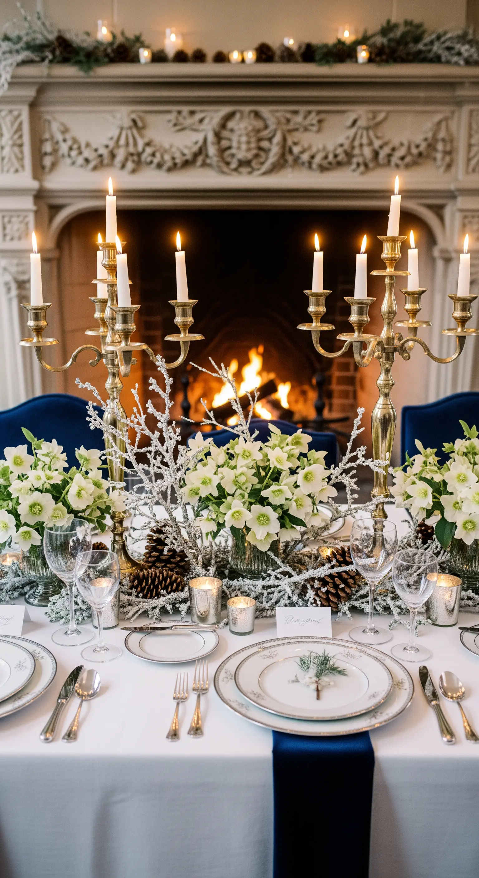 Tavola invernale con rami innevati, pigne e candelabri davanti a un camino acceso.