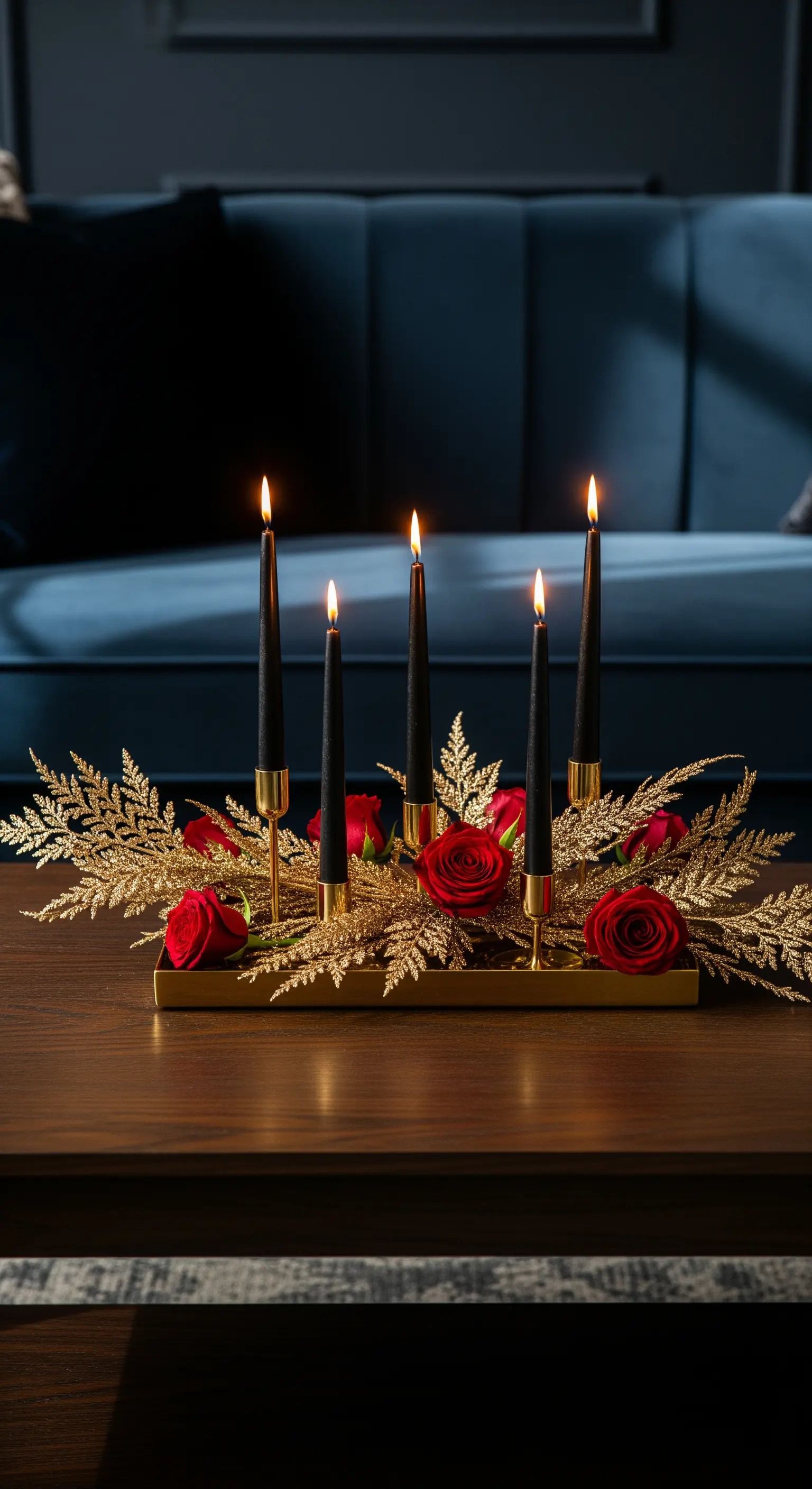 Centrotavola moderno con candele nere, base dorata, rose rosse e foglie glitterate.