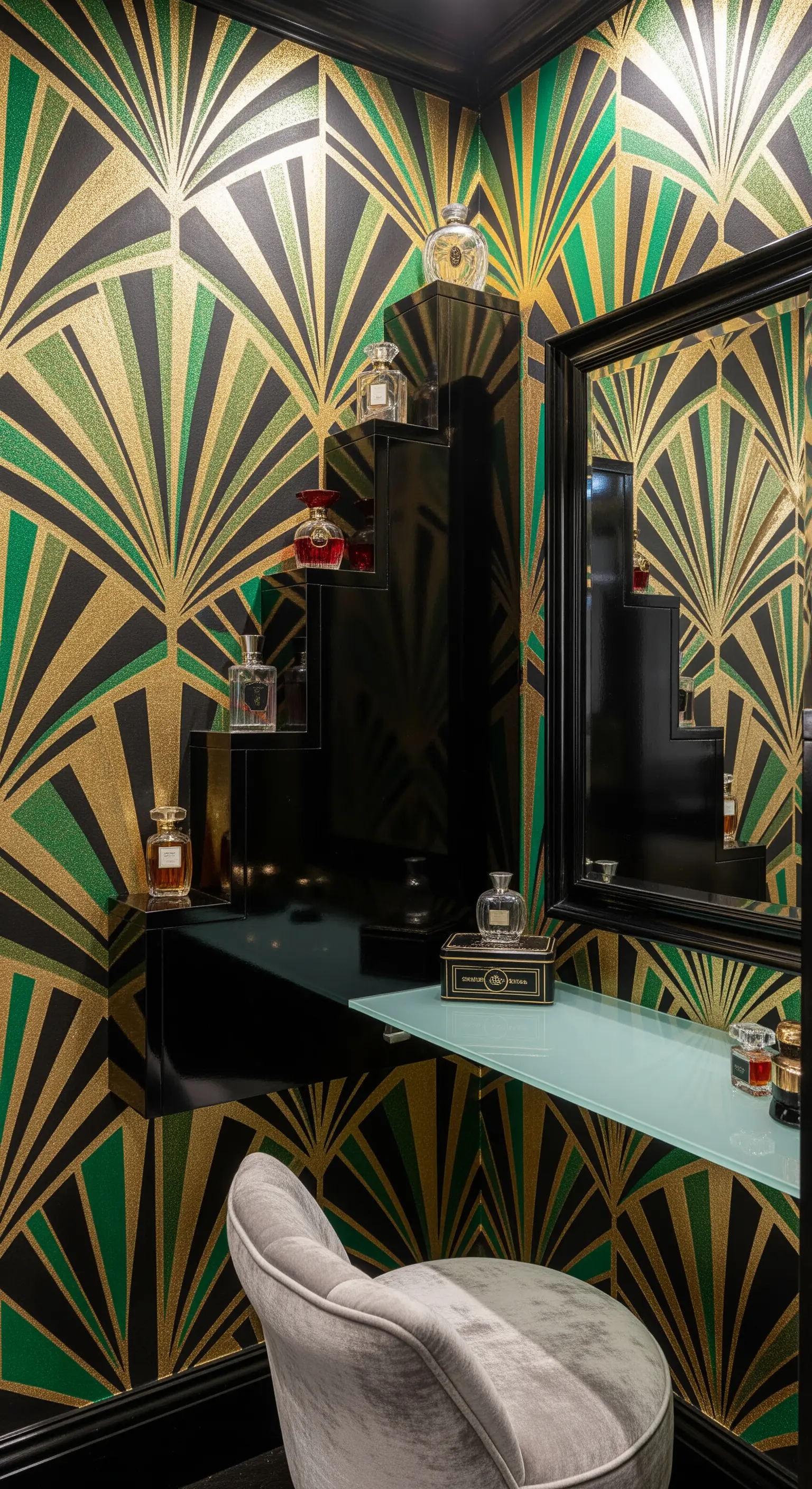 Angolo toeletta con carta da parati Art Déco verde e oro e mensole nere laccate.