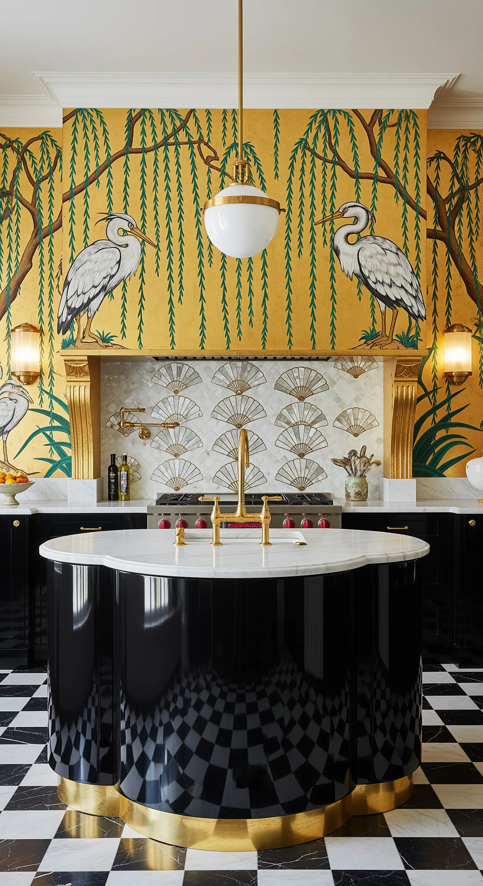Cucina Art Déco con murale dorato, isola laccata nera e pavimento a scacchi.