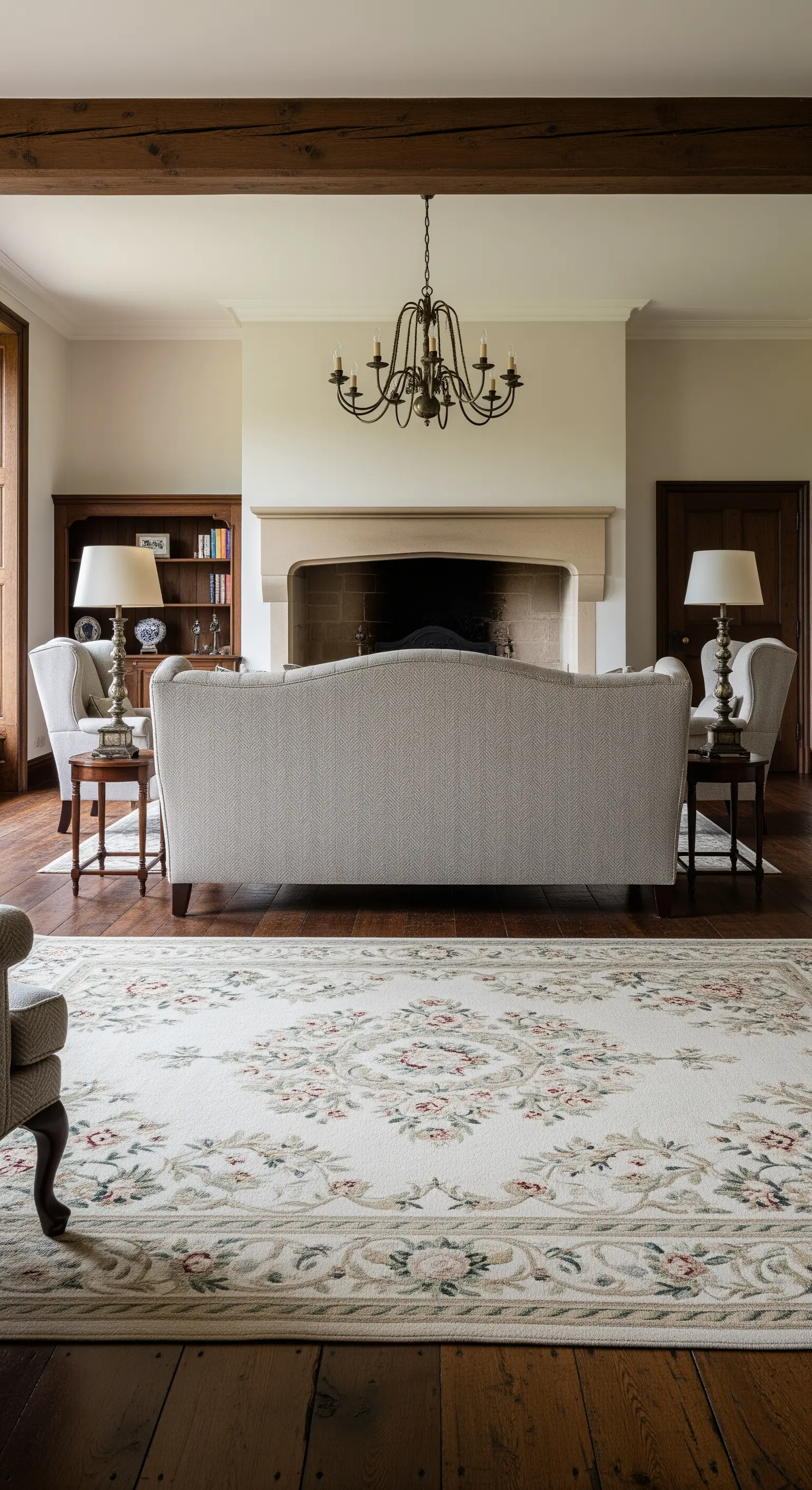 Salotto di campagna con travi a vista, camino in pietra e tappeto a motivi floreali