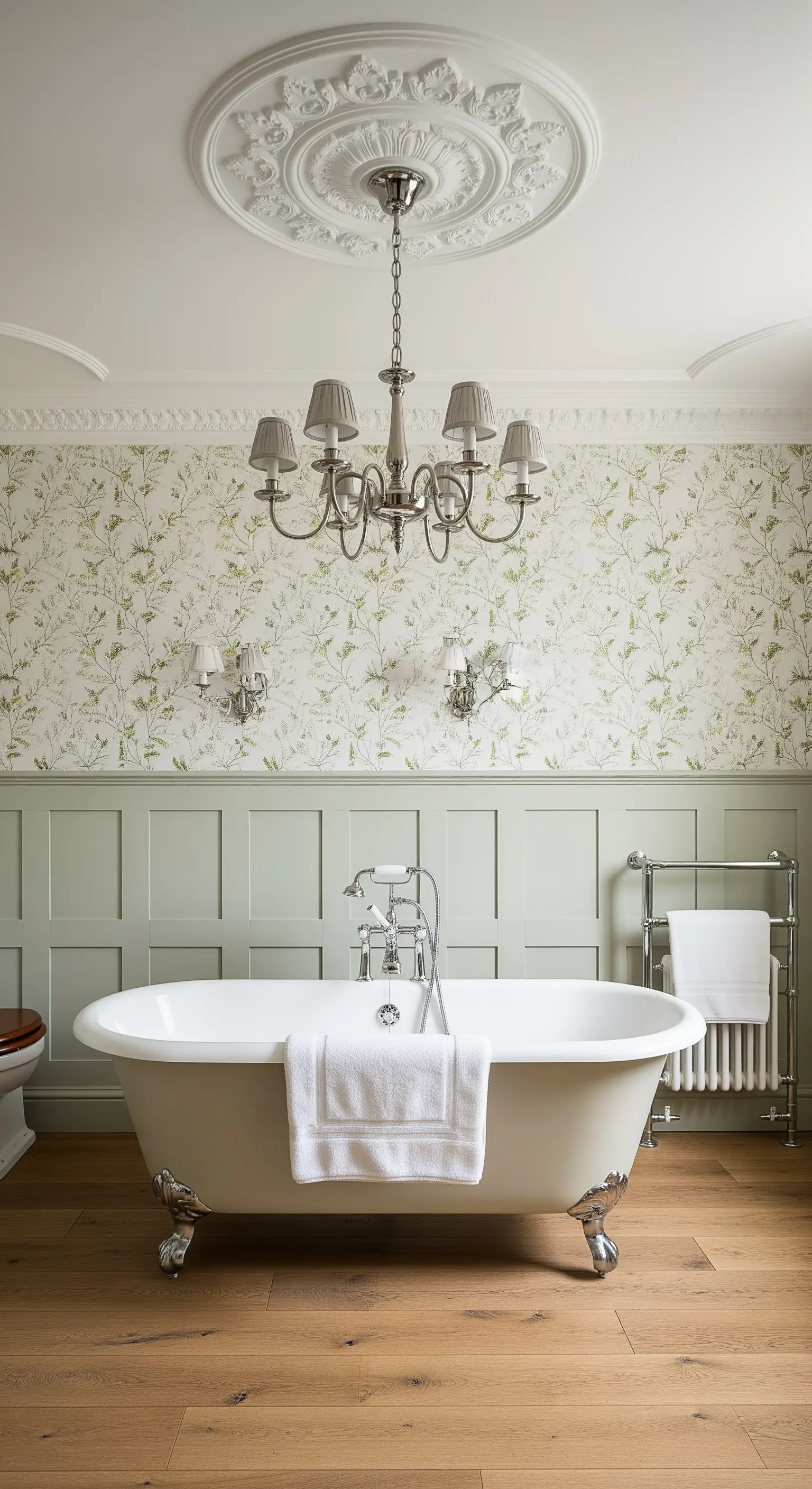 Bagno classico con boiserie verde salvia, carta da parati floreale e lampadario con paralumi.