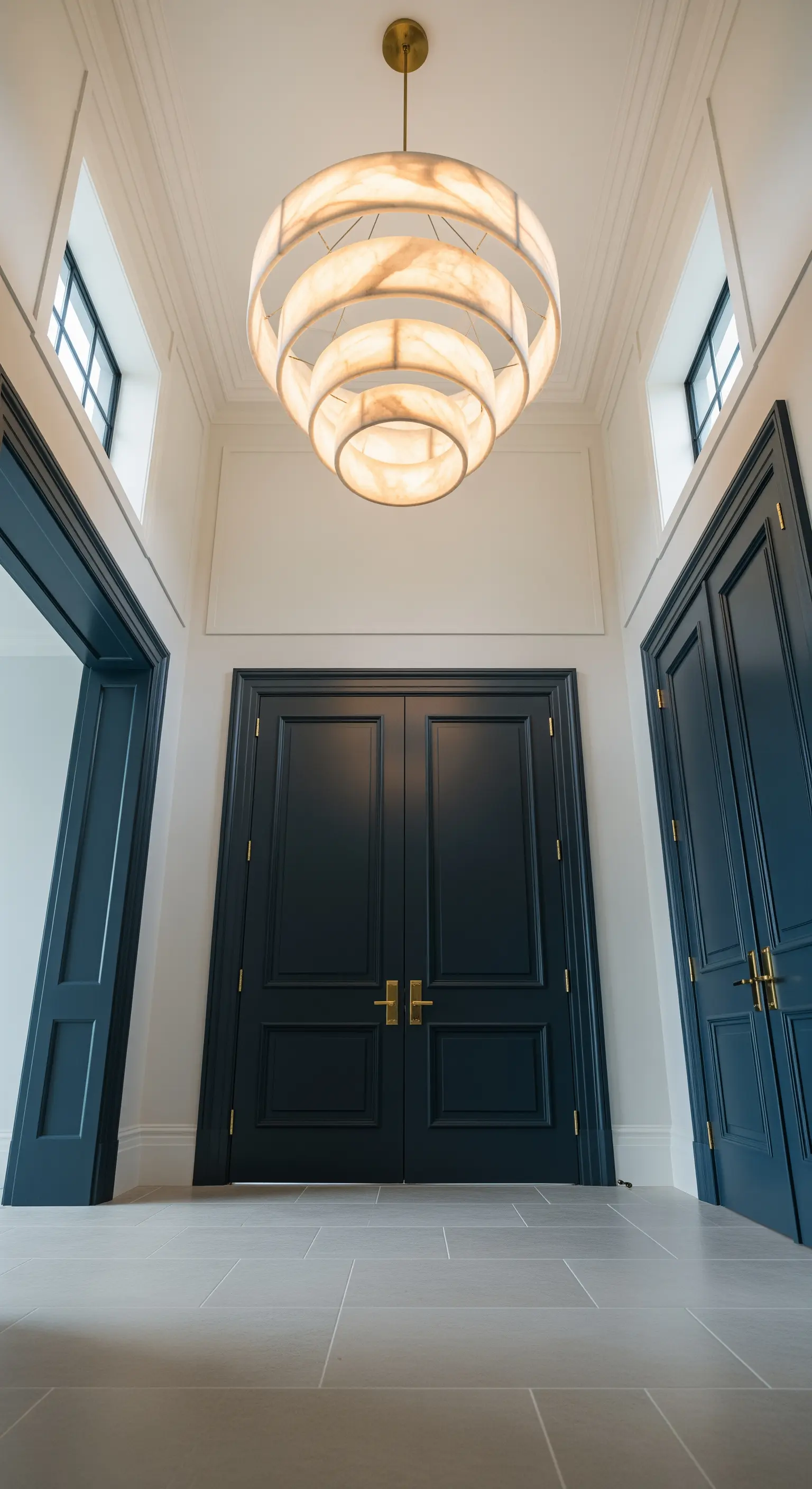 Ingresso moderno con porte blu scuro, pareti bianche e un lampadario circolare in alabastro.